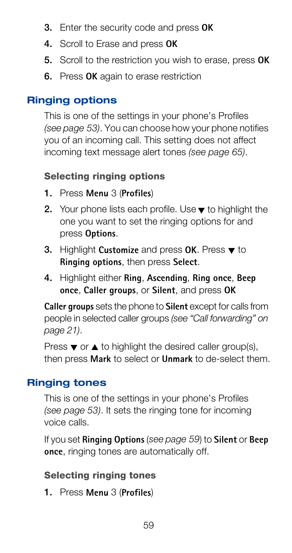 Ringing options, Ringing tones, Ringing options ringing tones | Nokia 6120i User Manual | Page 66 / 101
