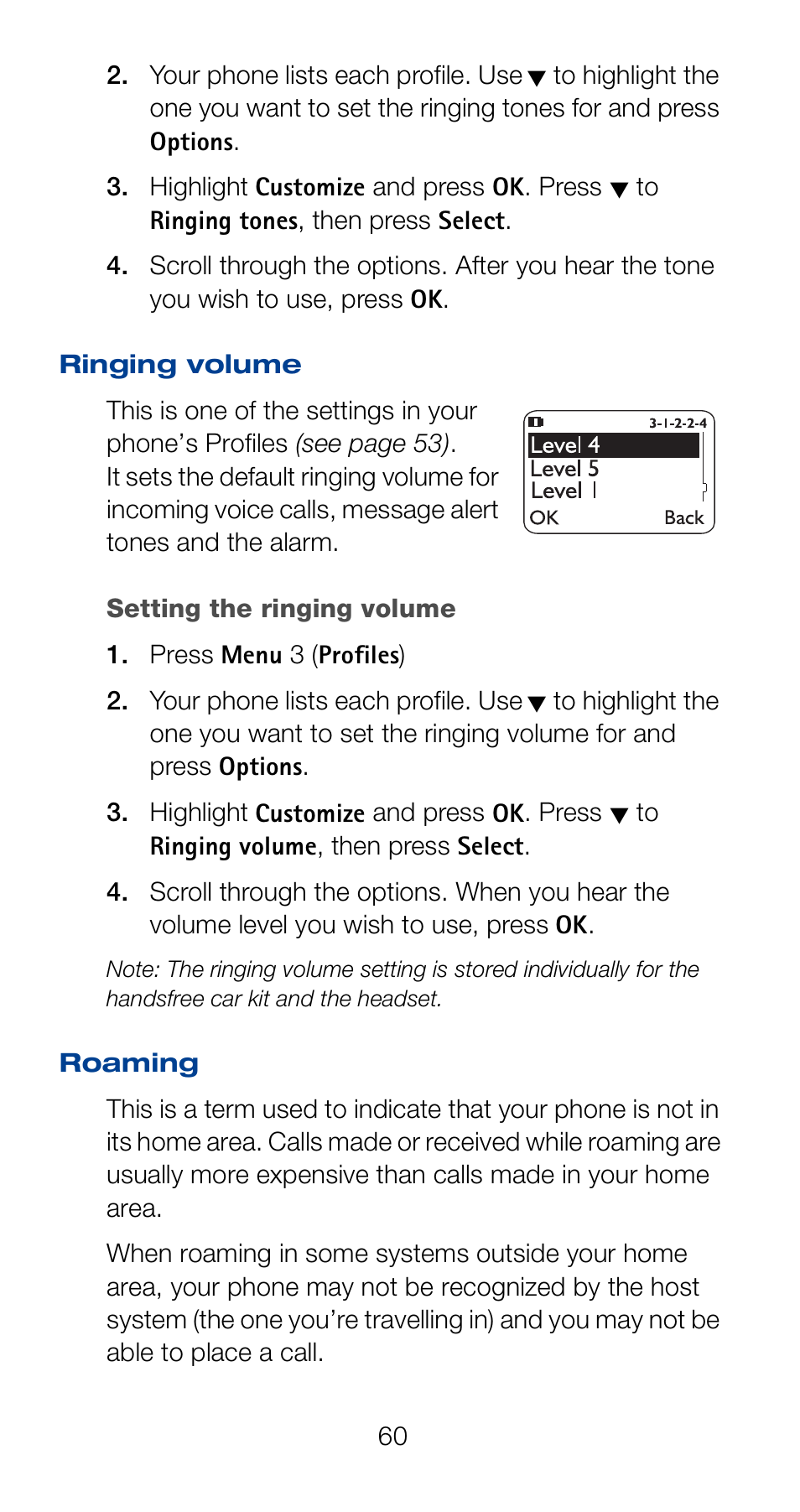 Ringing volume, Roaming, Ringing volume roaming | Nokia 6120i User Manual | Page 67 / 101
