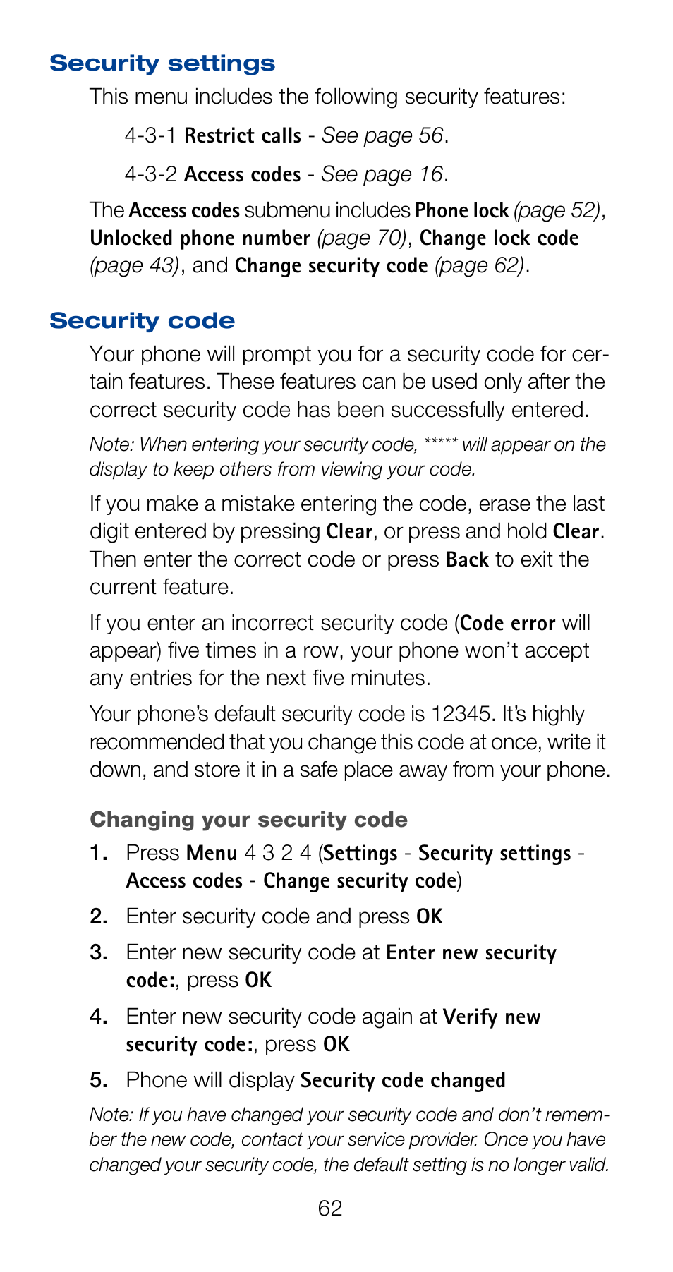 Security settings, Security code, Changing your security code | Security settings security code | Nokia 6120i User Manual | Page 69 / 101