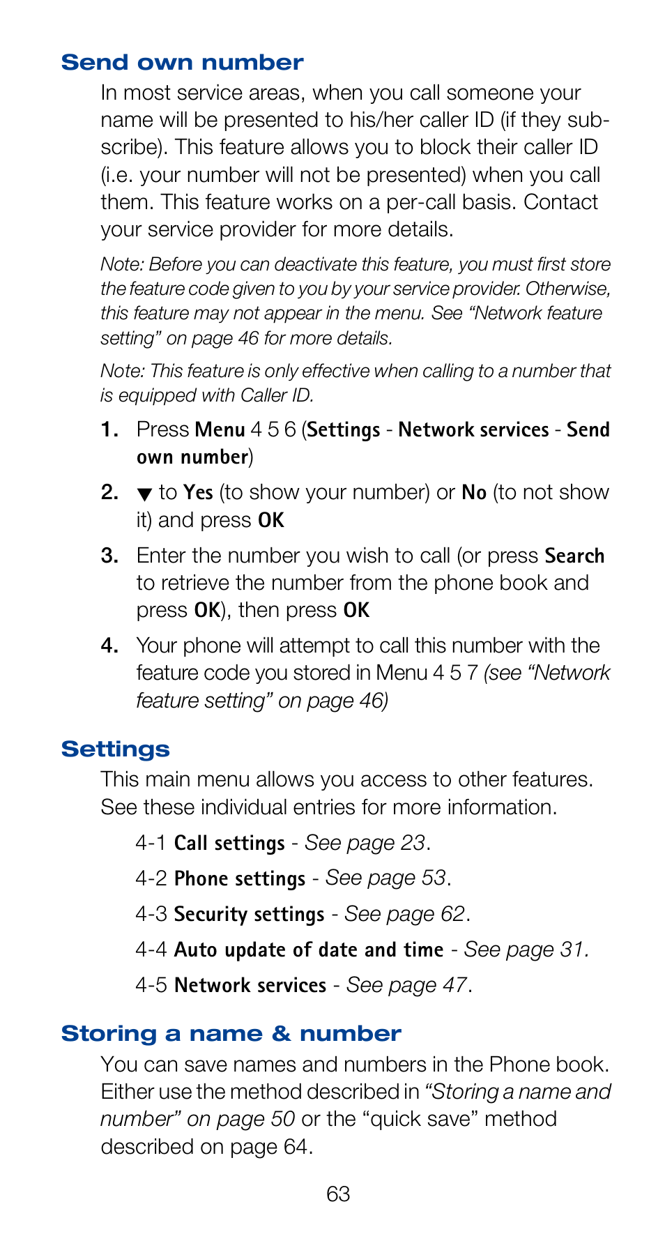 Send own number, Settings, Storing a name & number | Send own number settings storing a name & number | Nokia 6120i User Manual | Page 70 / 101