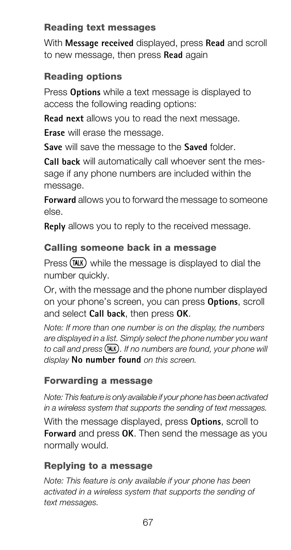 Reading text messages, Reading options, Forwarding a message | Replying to a message | Nokia 6120i User Manual | Page 74 / 101