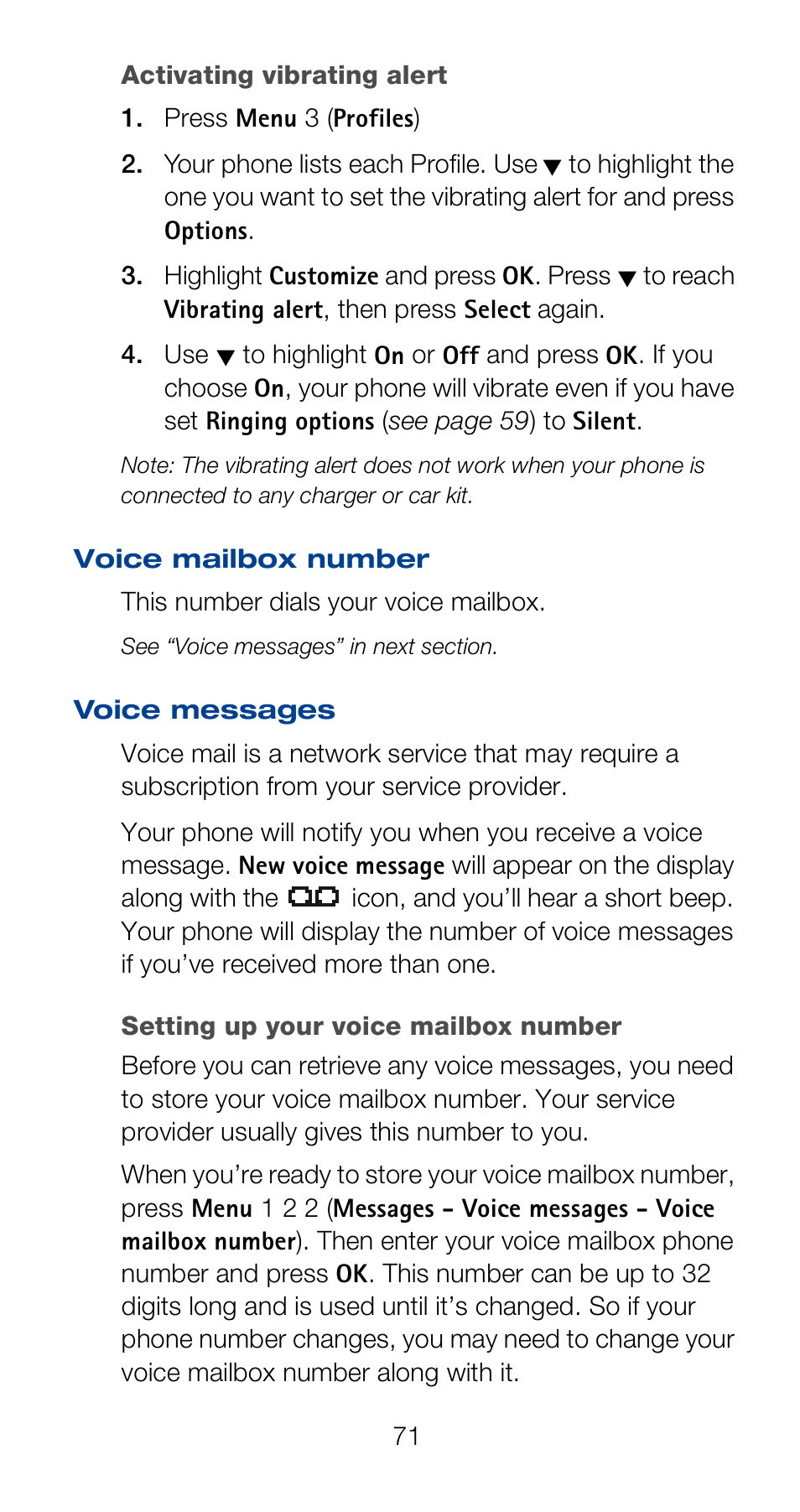 Voice messages, Setting up your voice mailbox number | Nokia 6120i User Manual | Page 78 / 101