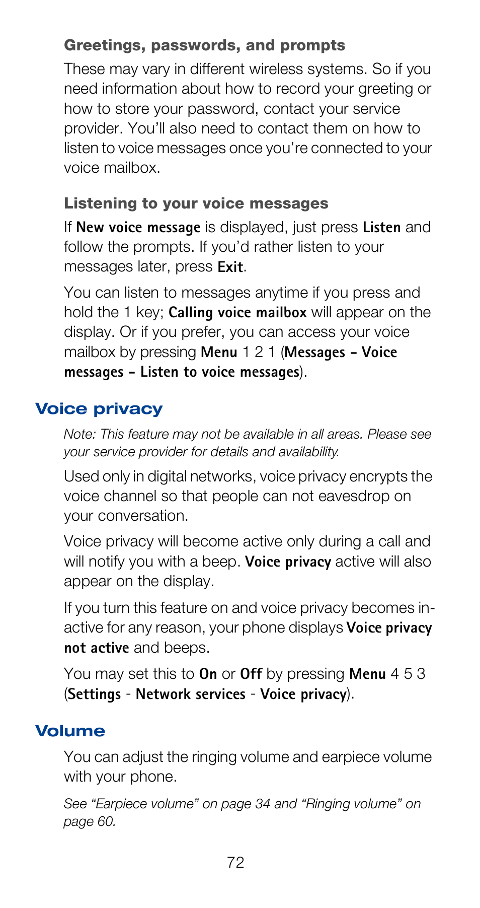Greetings, passwords, and prompts, Listening to your voice messages, Voice privacy | Volume, Voice privacy volume | Nokia 6120i User Manual | Page 79 / 101