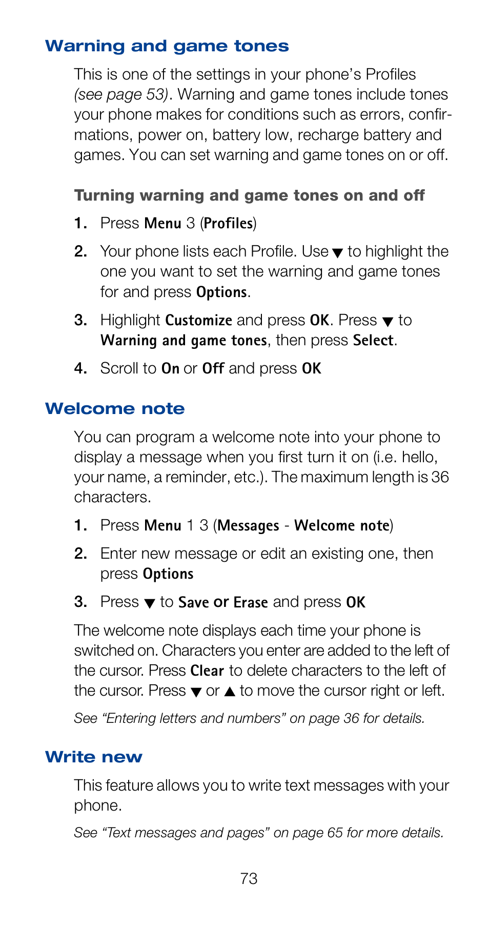 Warning and game tones, Welcome note, Write new | Warning and game tones welcome note write new | Nokia 6120i User Manual | Page 80 / 101
