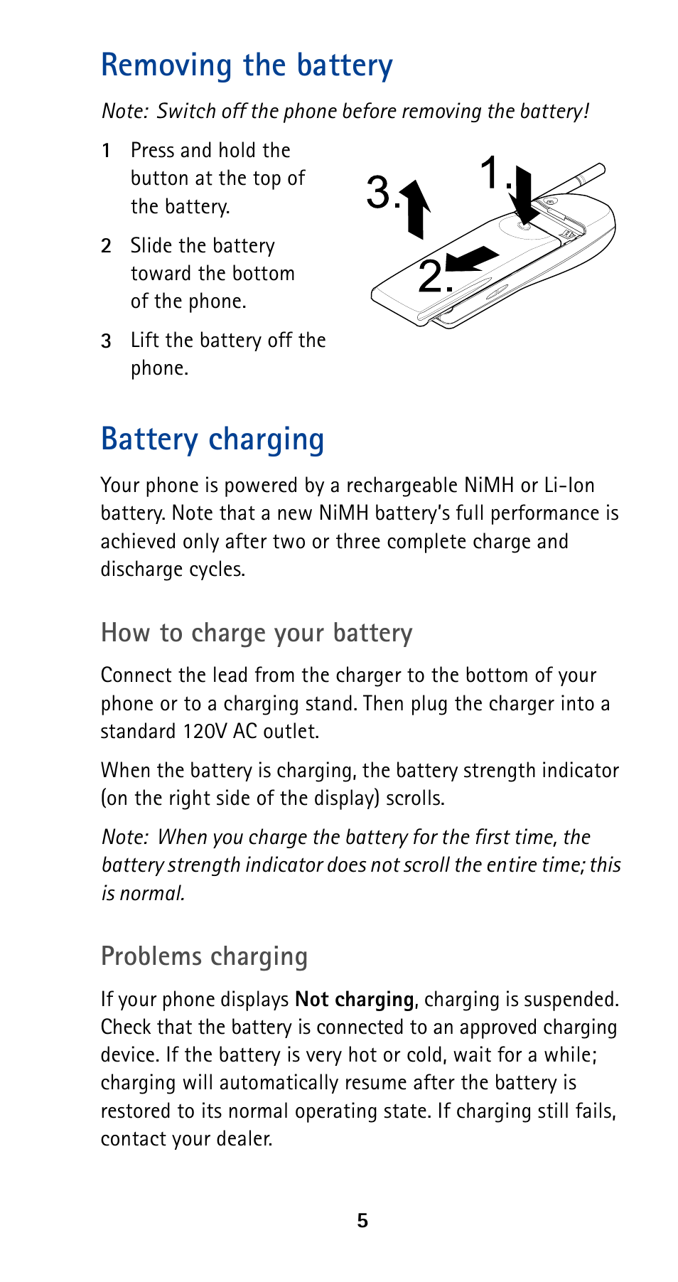 Removing the battery, Battery charging, How to charge your battery | Problems charging | Nokia 5190 User Manual | Page 12 / 105