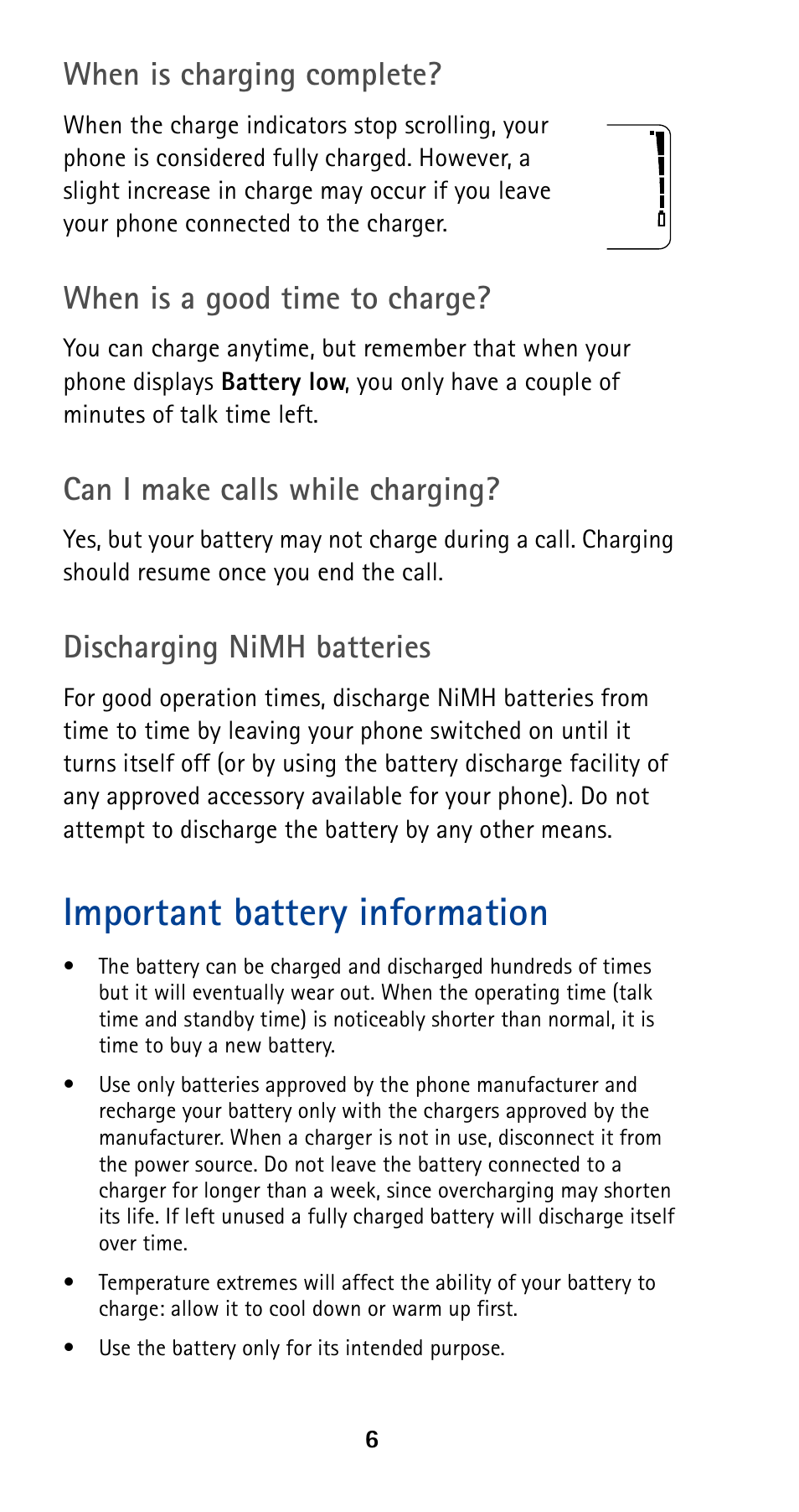 Important battery information, When is charging complete, When is a good time to charge | Can i make calls while charging, Discharging nimh batteries | Nokia 5190 User Manual | Page 13 / 105