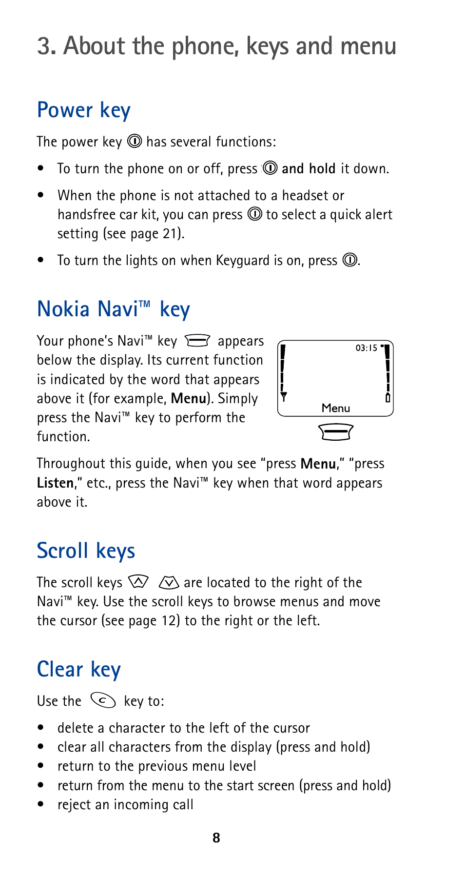 About the phone, keys and menu, Power key, Nokia navi™ key | Scroll keys, Clear key | Nokia 5190 User Manual | Page 15 / 105