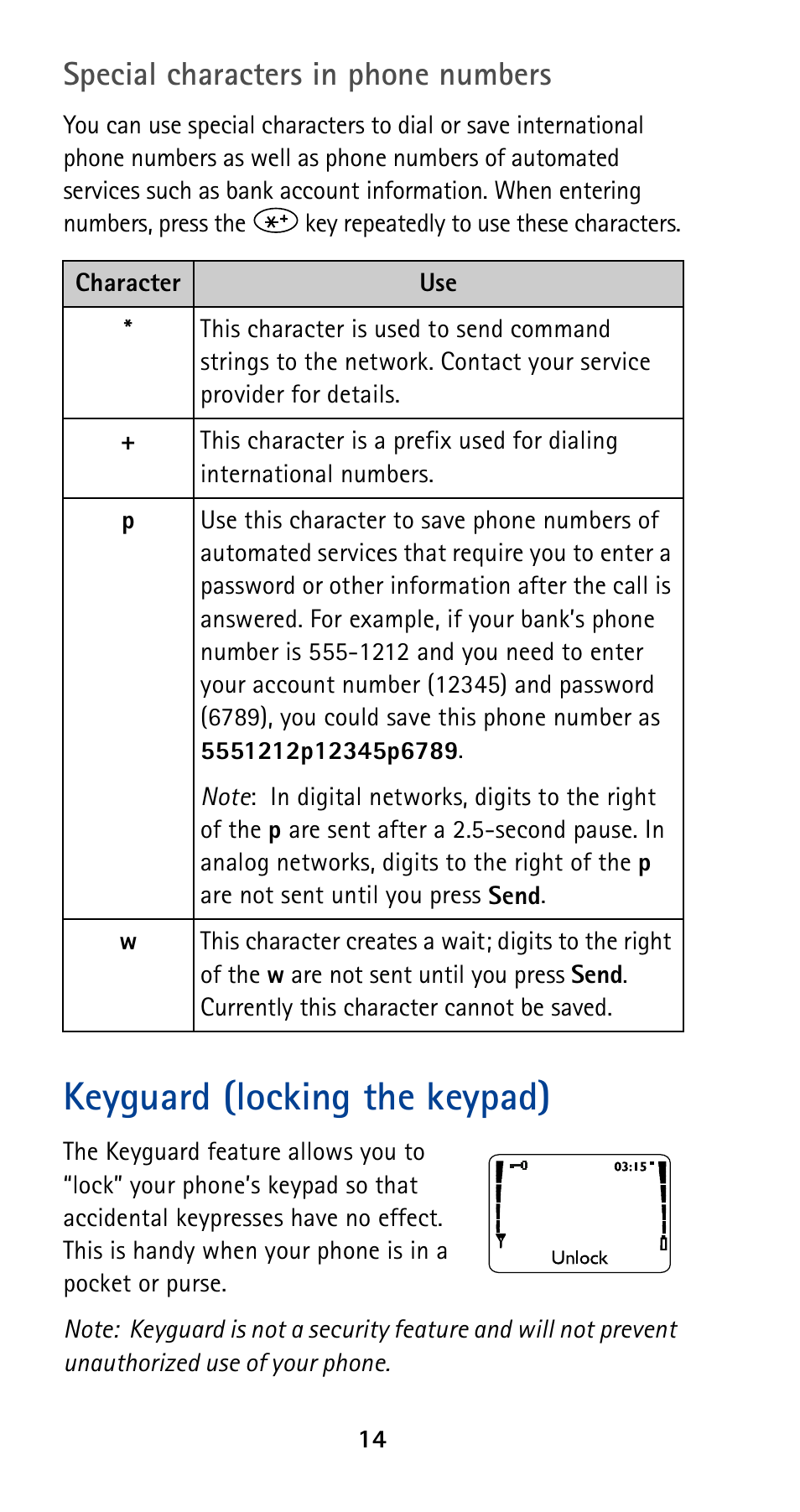 Special characters in phone numbers, Keyguard (locking the keypad) | Nokia 5190 User Manual | Page 21 / 105