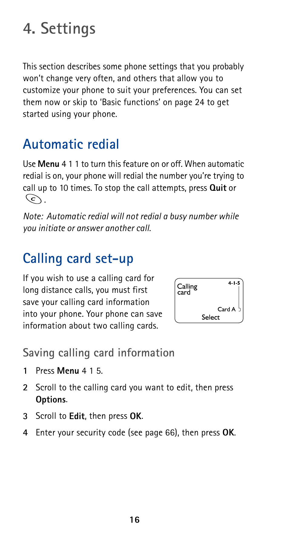 Settings, Automatic redial, Calling card set-up | Nokia 5190 User Manual | Page 23 / 105