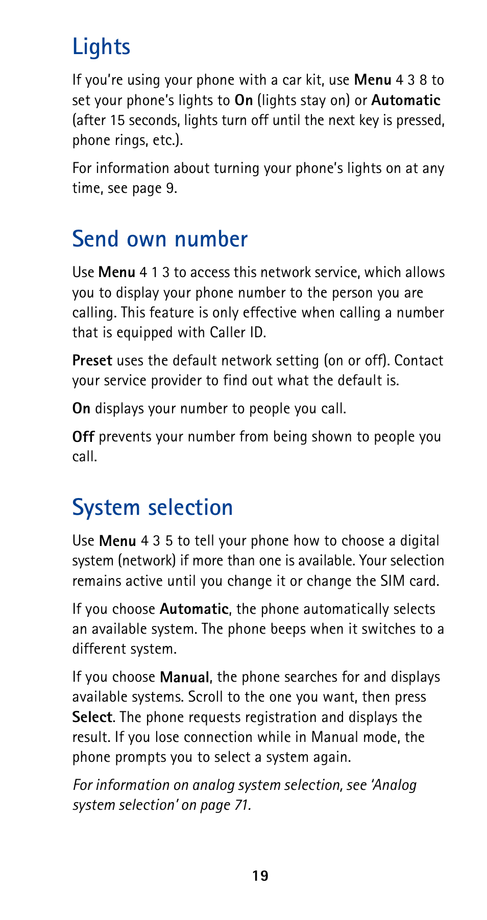 Lights, Send own number, System selection | Nokia 5190 User Manual | Page 26 / 105