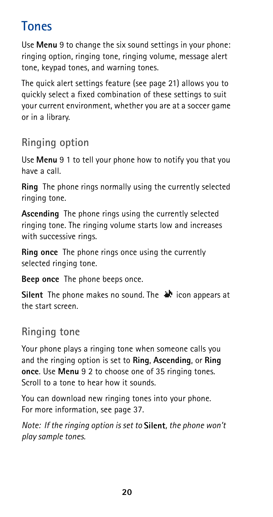 Tones, Ringing option, Ringing tone | Nokia 5190 User Manual | Page 27 / 105