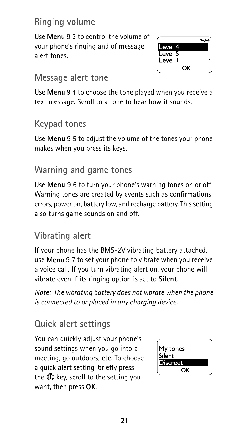 Quick alert settings, Ringing volume, Message alert tone | Keypad tones, Warning and game tones, Vibrating alert | Nokia 5190 User Manual | Page 28 / 105