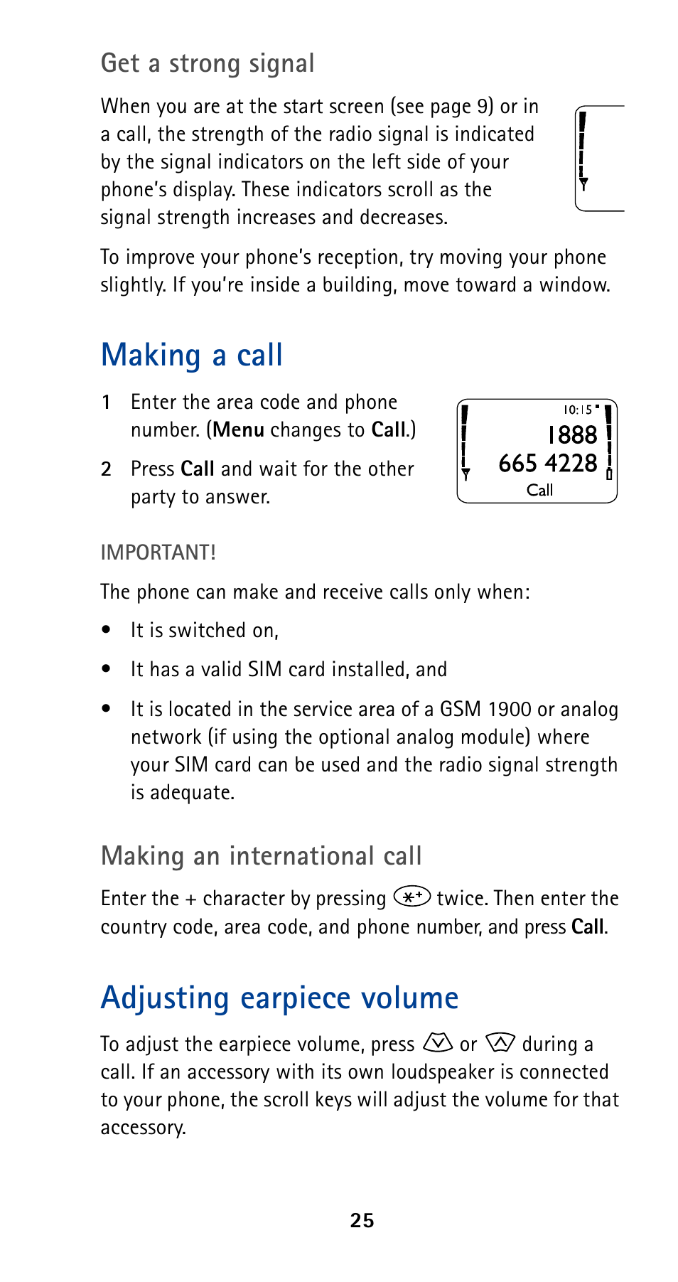 Making a call, Adjusting earpiece volume, Get a strong signal | Making an international call | Nokia 5190 User Manual | Page 32 / 105