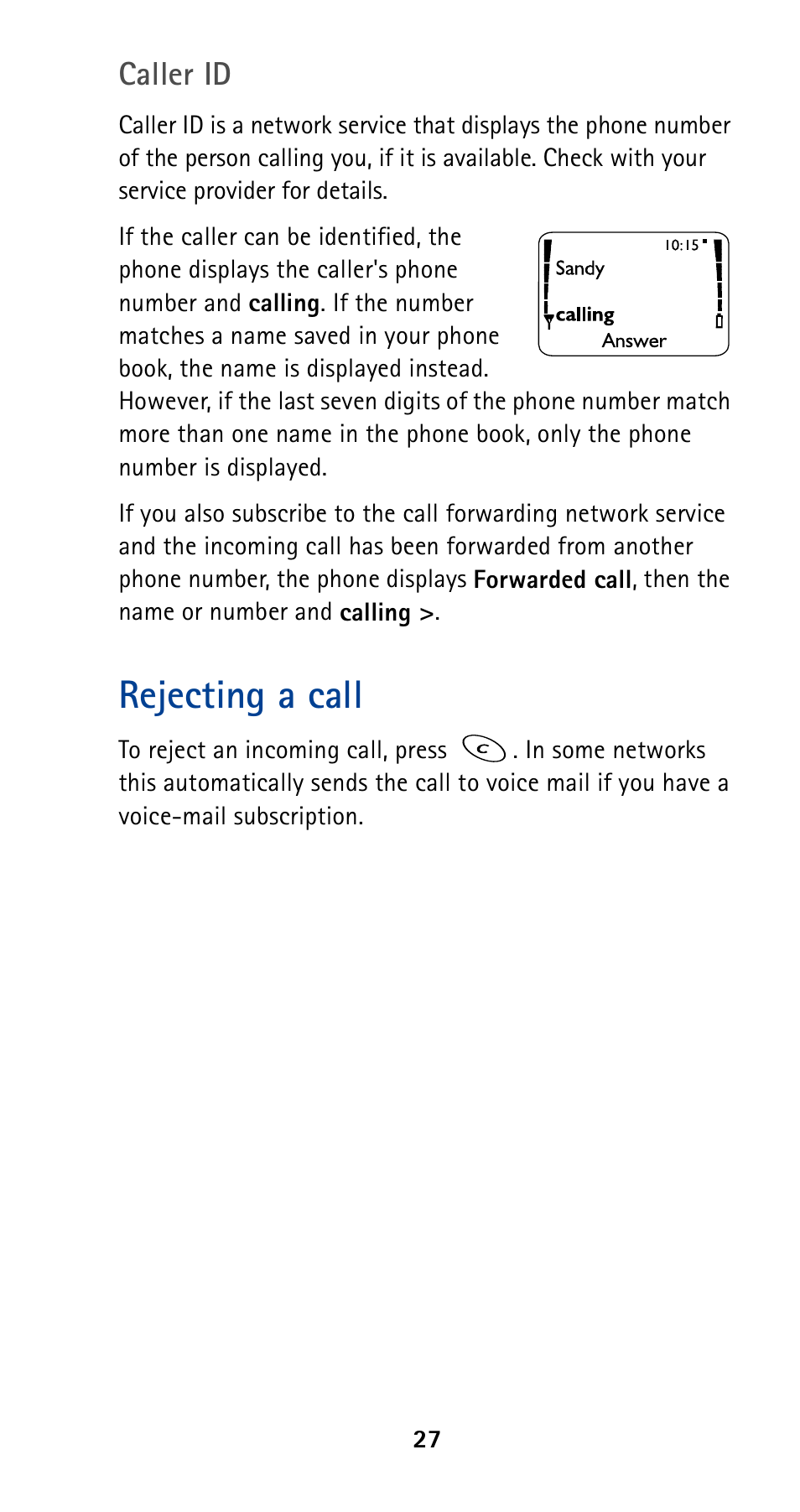 Rejecting a call, Caller id | Nokia 5190 User Manual | Page 34 / 105