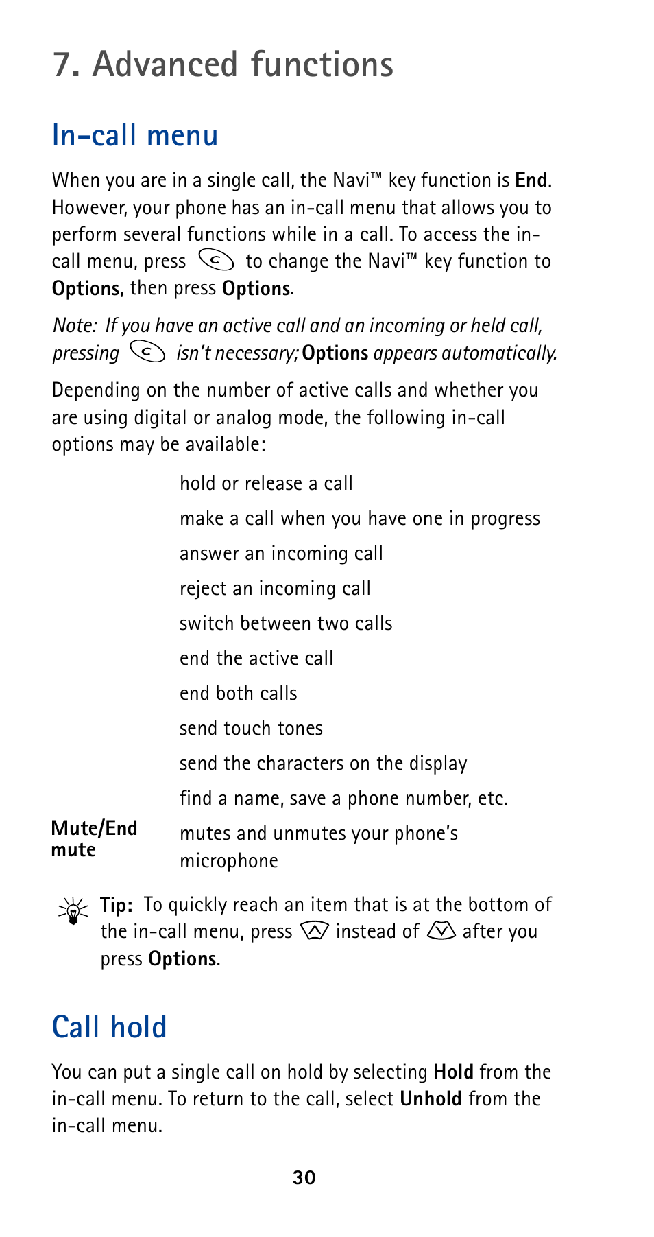 Advanced functions, In-call menu, Call hold | Nokia 5190 User Manual | Page 37 / 105