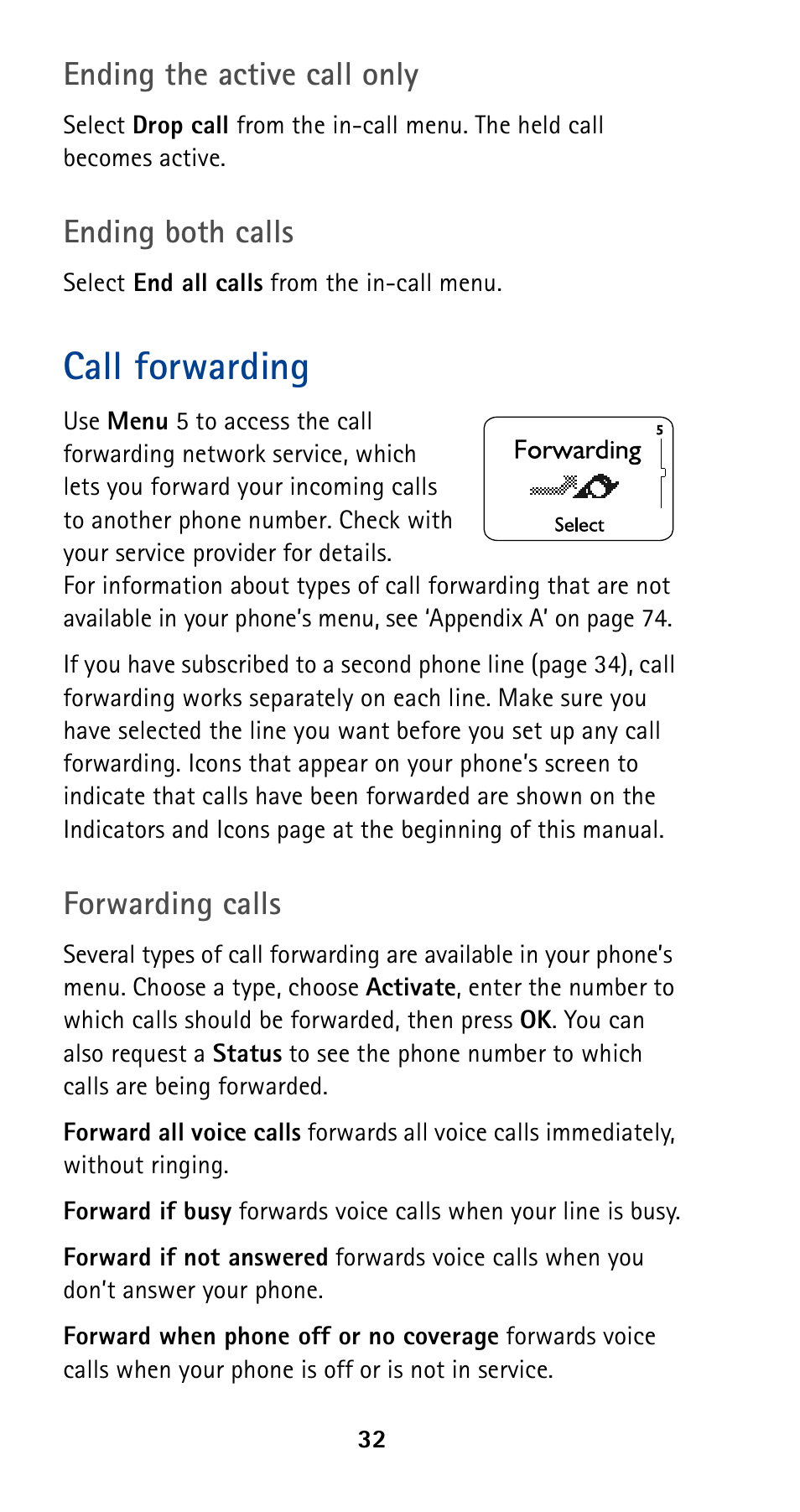 Call forwarding, Ending the active call only, Ending both calls | Forwarding calls | Nokia 5190 User Manual | Page 39 / 105