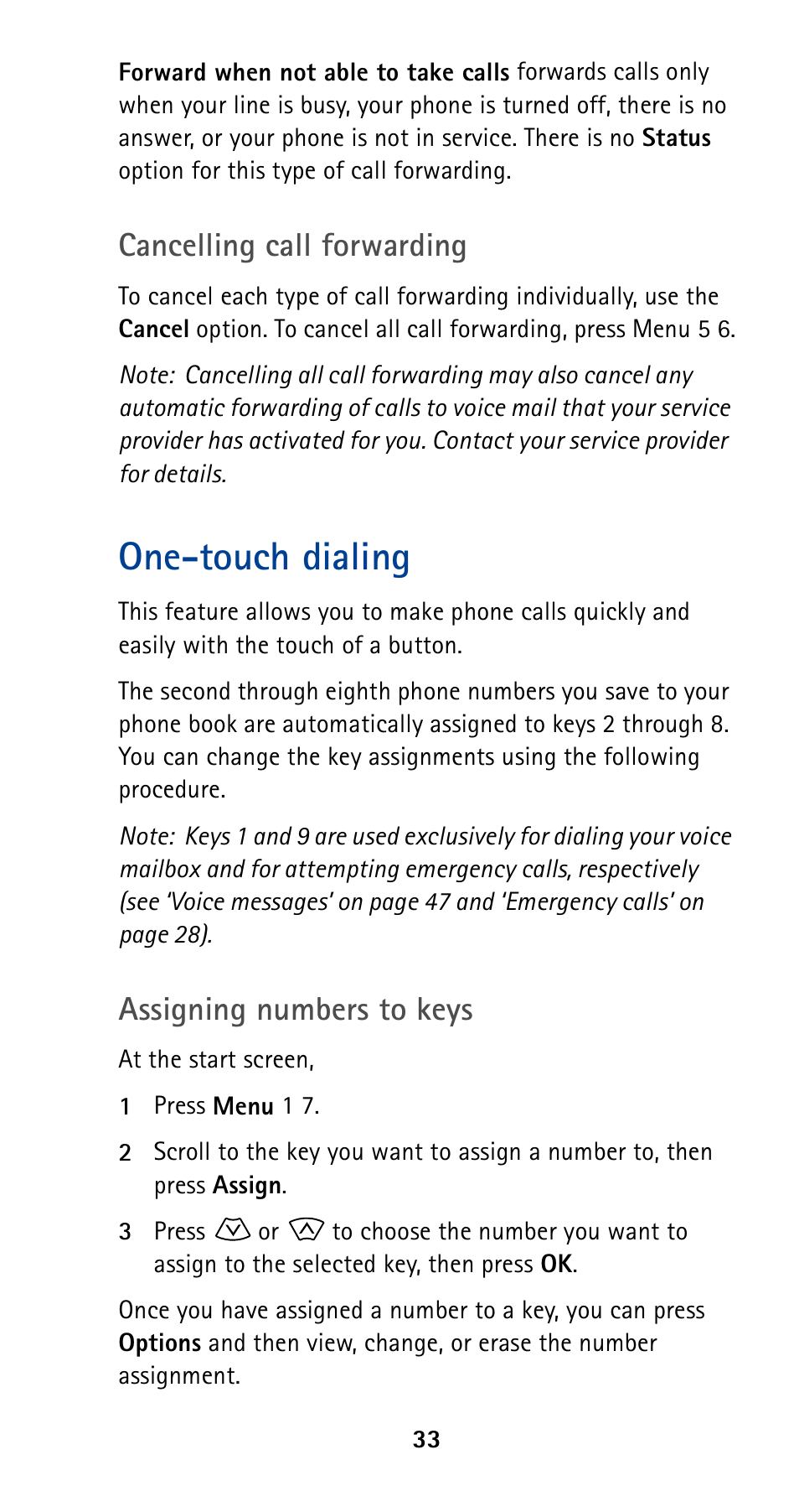One-touch dialing, Cancelling call forwarding, Assigning numbers to keys | Nokia 5190 User Manual | Page 40 / 105
