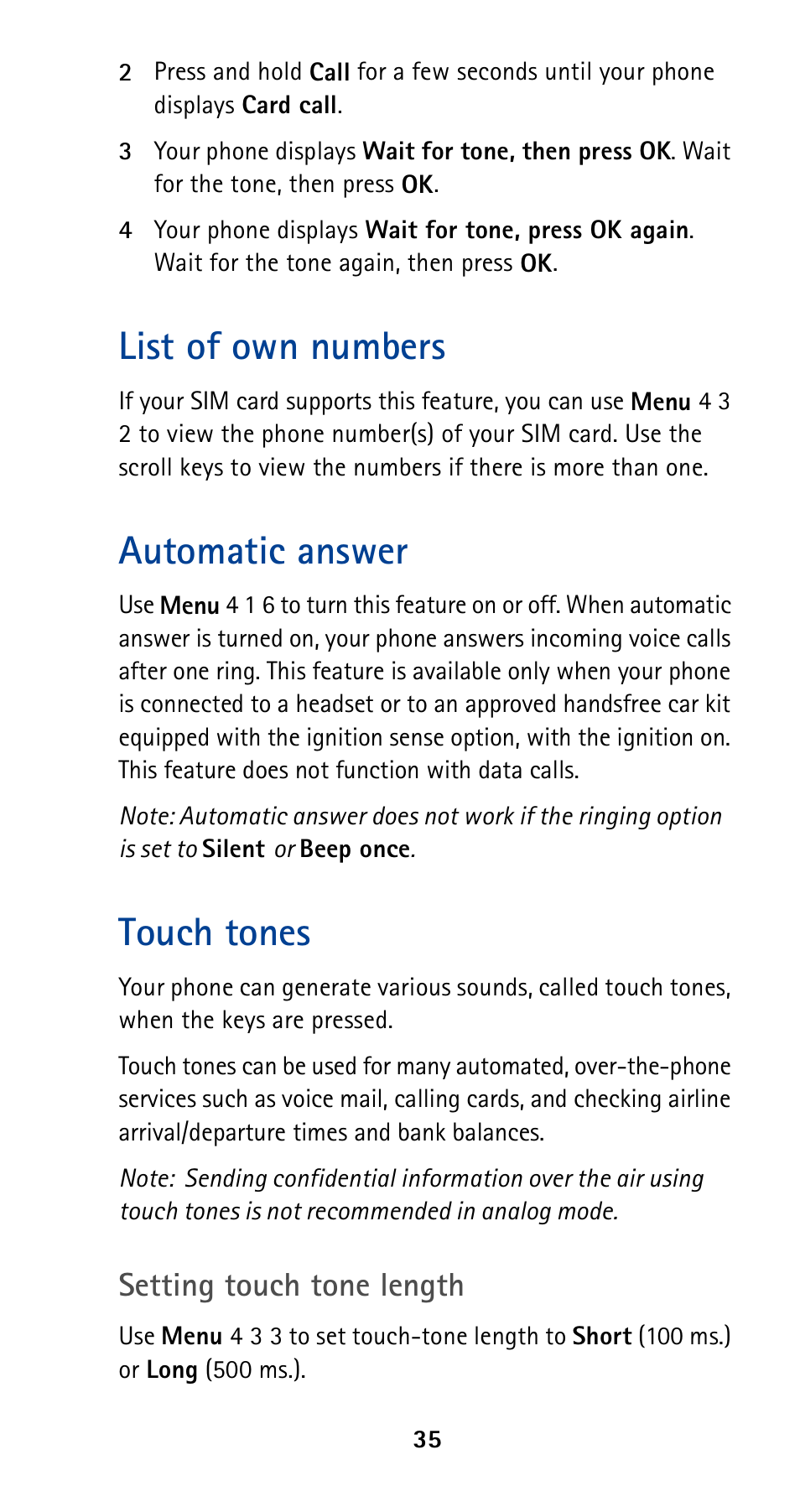 List of own numbers, Automatic answer, Touch tones | Setting touch tone length | Nokia 5190 User Manual | Page 42 / 105