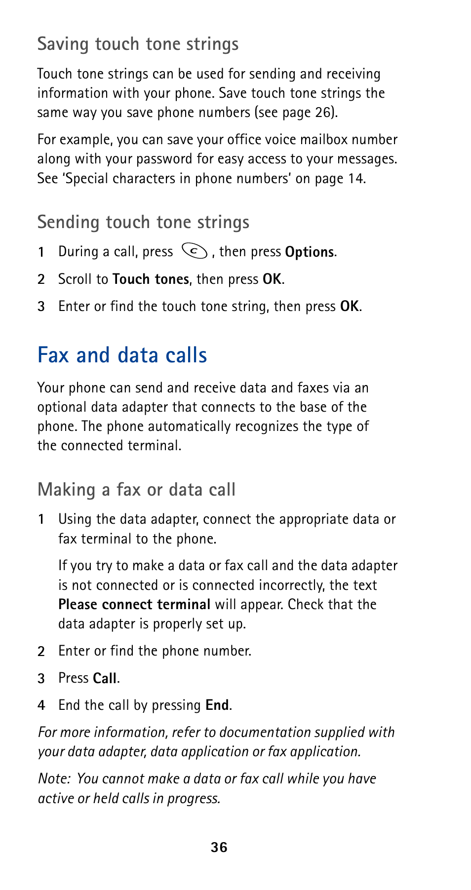 Fax and data calls, Saving touch tone strings, Sending touch tone strings | Making a fax or data call | Nokia 5190 User Manual | Page 43 / 105