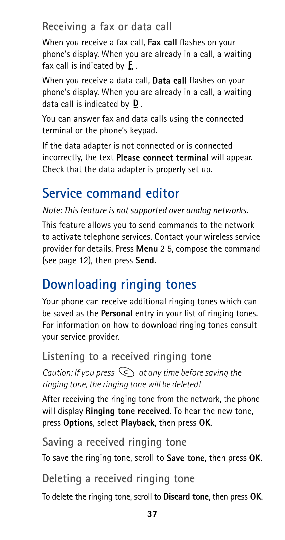 Service command editor, Downloading ringing tones, Receiving a fax or data call | Listening to a received ringing tone, Saving a received ringing tone, Deleting a received ringing tone | Nokia 5190 User Manual | Page 44 / 105