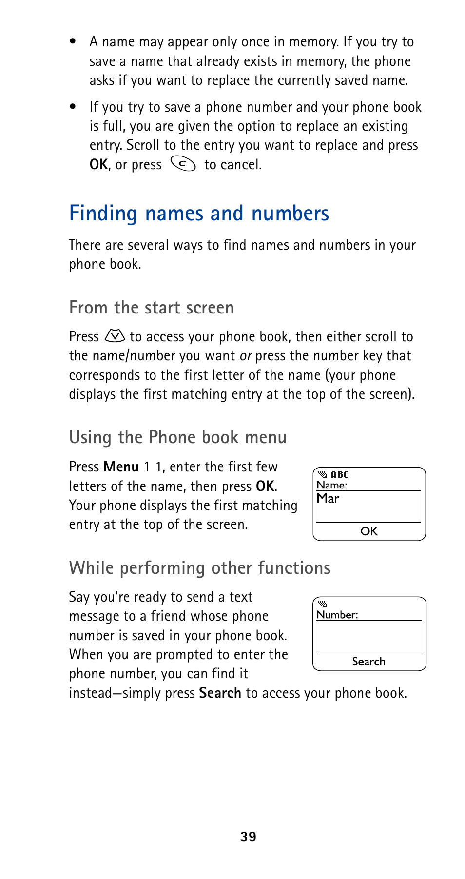 Finding names and numbers, Using the phone book menu, While performing other functions | Nokia 5190 User Manual | Page 46 / 105