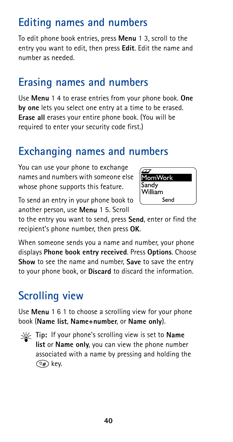 Editing names and numbers, Erasing names and numbers, Exchanging names and numbers | Scrolling view | Nokia 5190 User Manual | Page 47 / 105