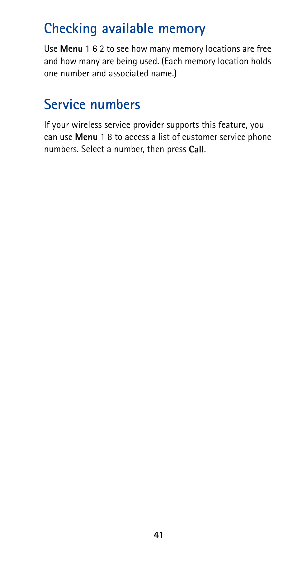 Checking available memory, Service numbers | Nokia 5190 User Manual | Page 48 / 105