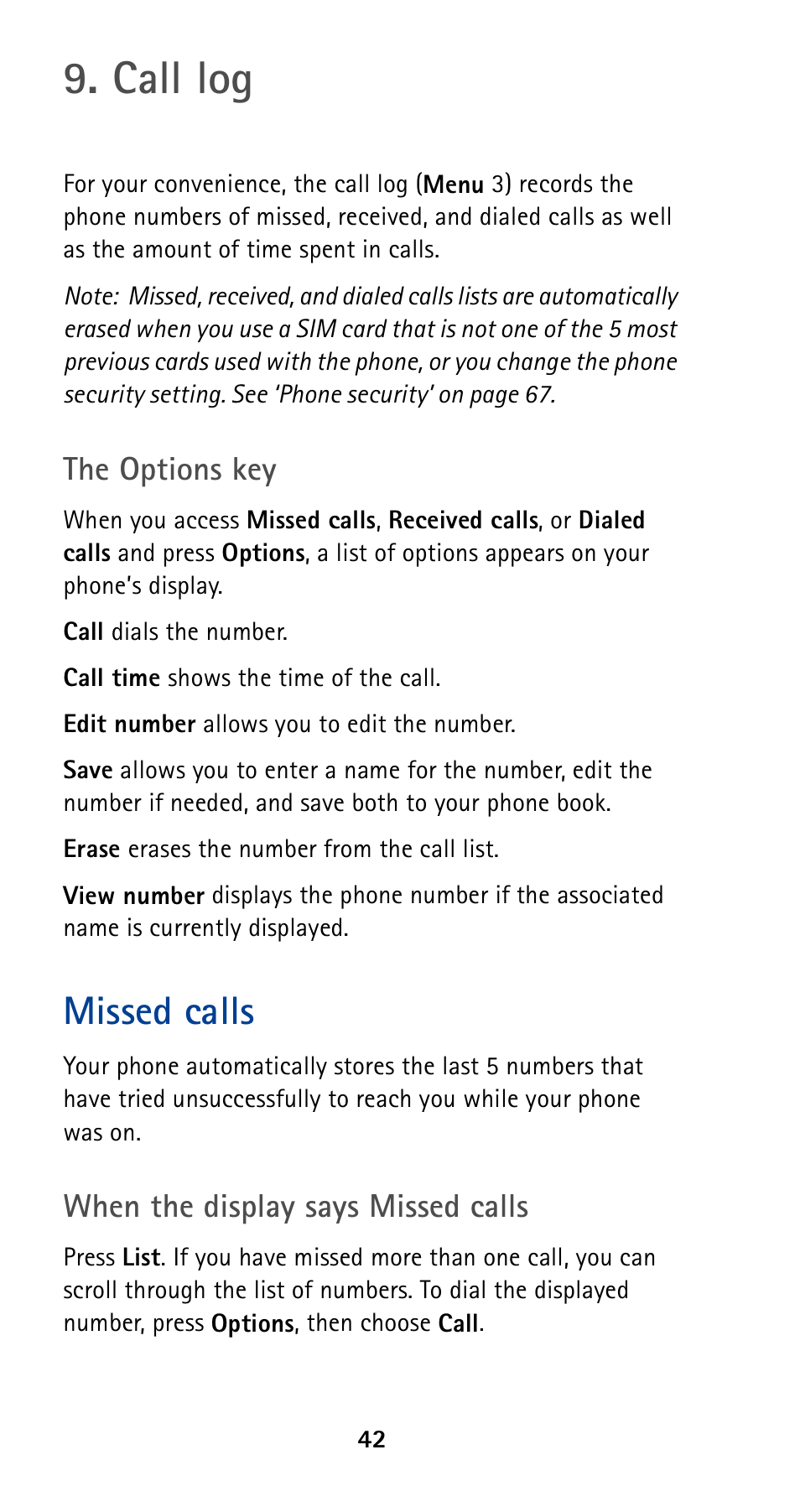 Call log, Missed calls | Nokia 5190 User Manual | Page 49 / 105