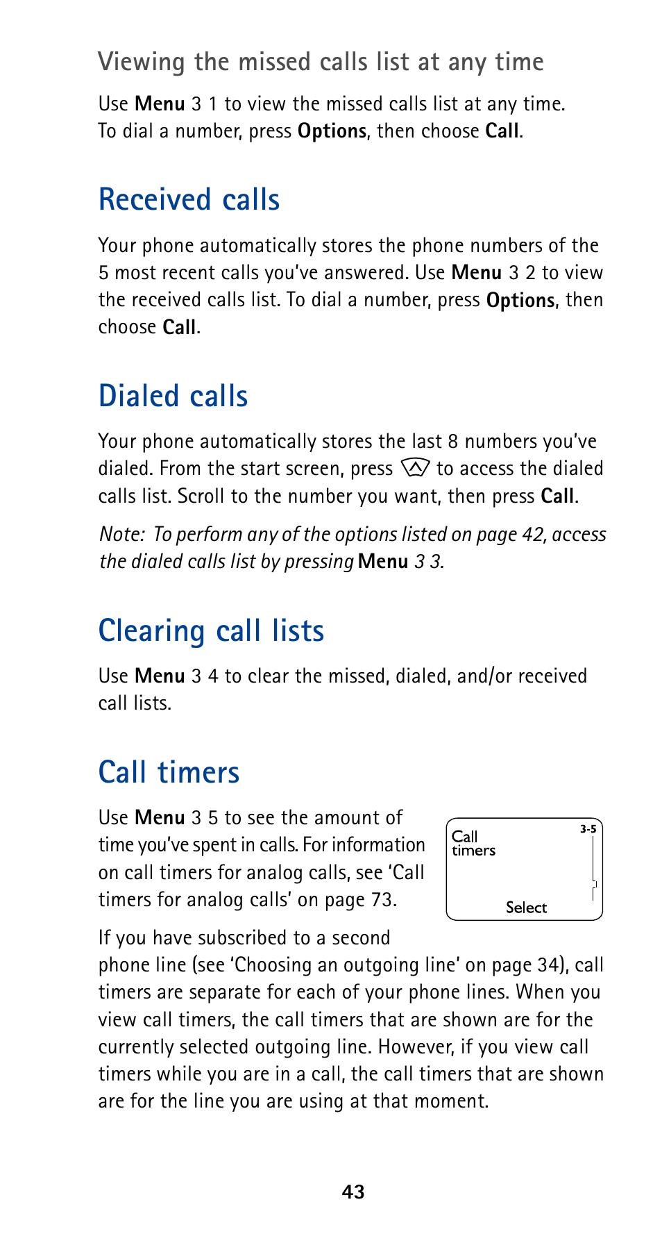 Received calls, Dialed calls, Clearing call lists | Call timers | Nokia 5190 User Manual | Page 50 / 105