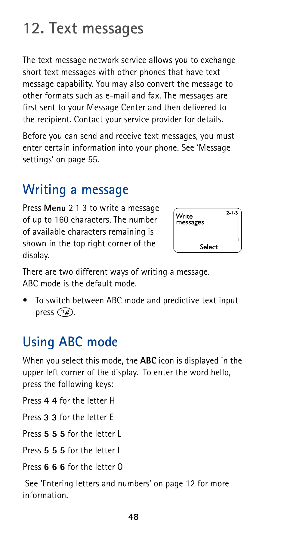 Text messages, Writing a message, Using abc mode | Nokia 5190 User Manual | Page 55 / 105