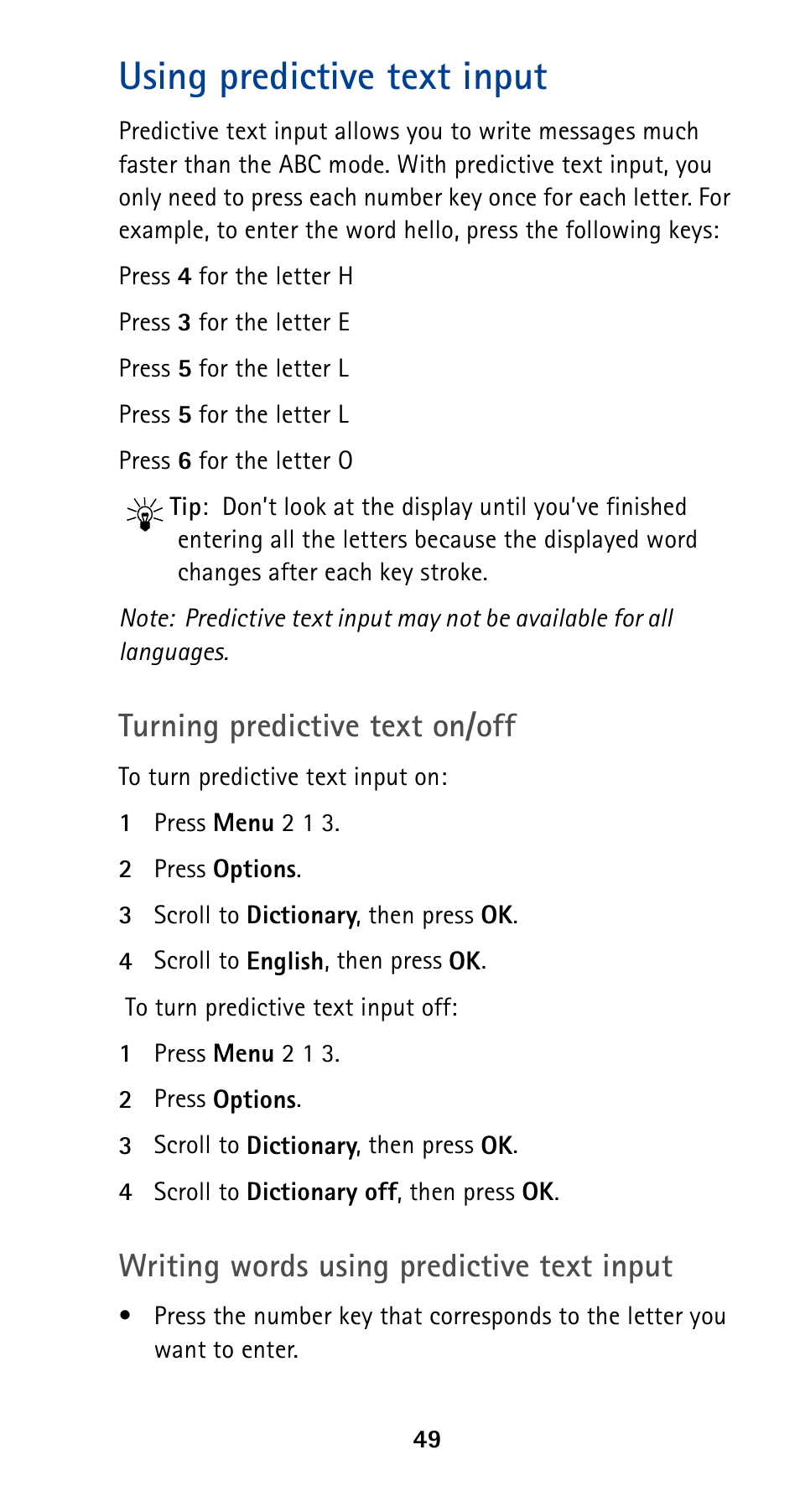 Using predictive text input, Turning predictive text on/off, Writing words using predictive text input | Nokia 5190 User Manual | Page 56 / 105