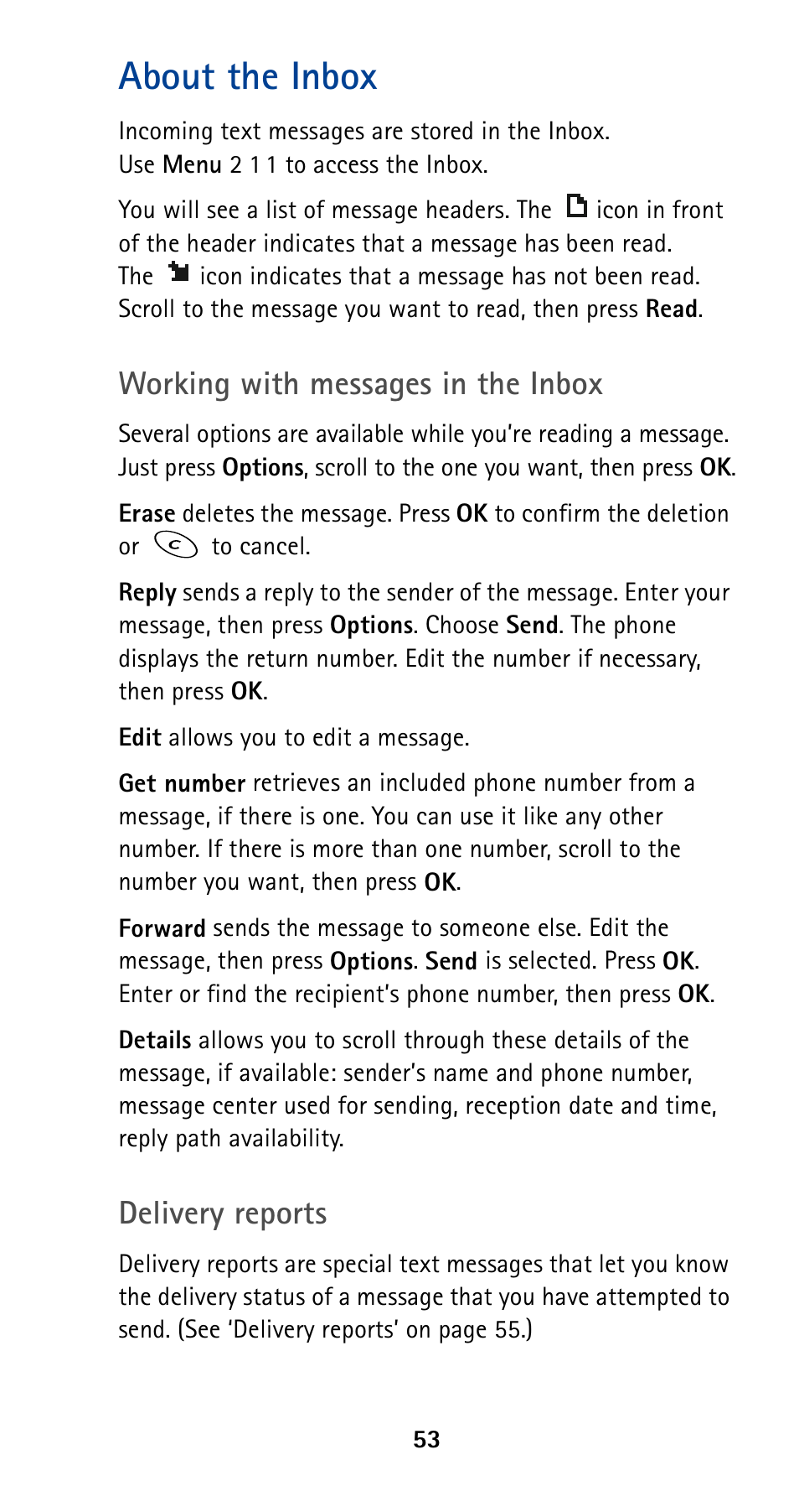About the inbox, Working with messages in the inbox, Delivery reports | Nokia 5190 User Manual | Page 60 / 105