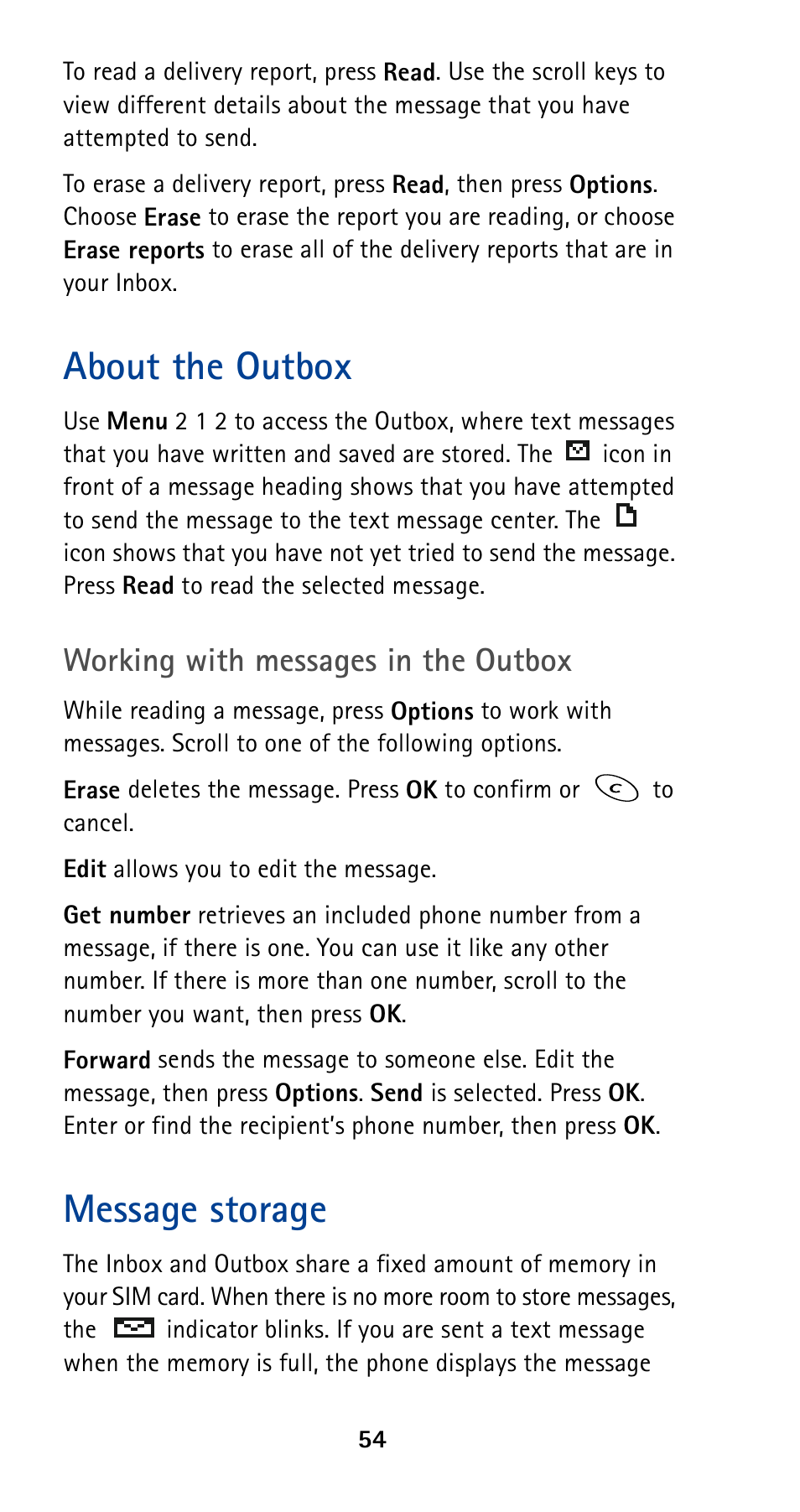 About the outbox, Message storage, Working with messages in the outbox | Nokia 5190 User Manual | Page 61 / 105