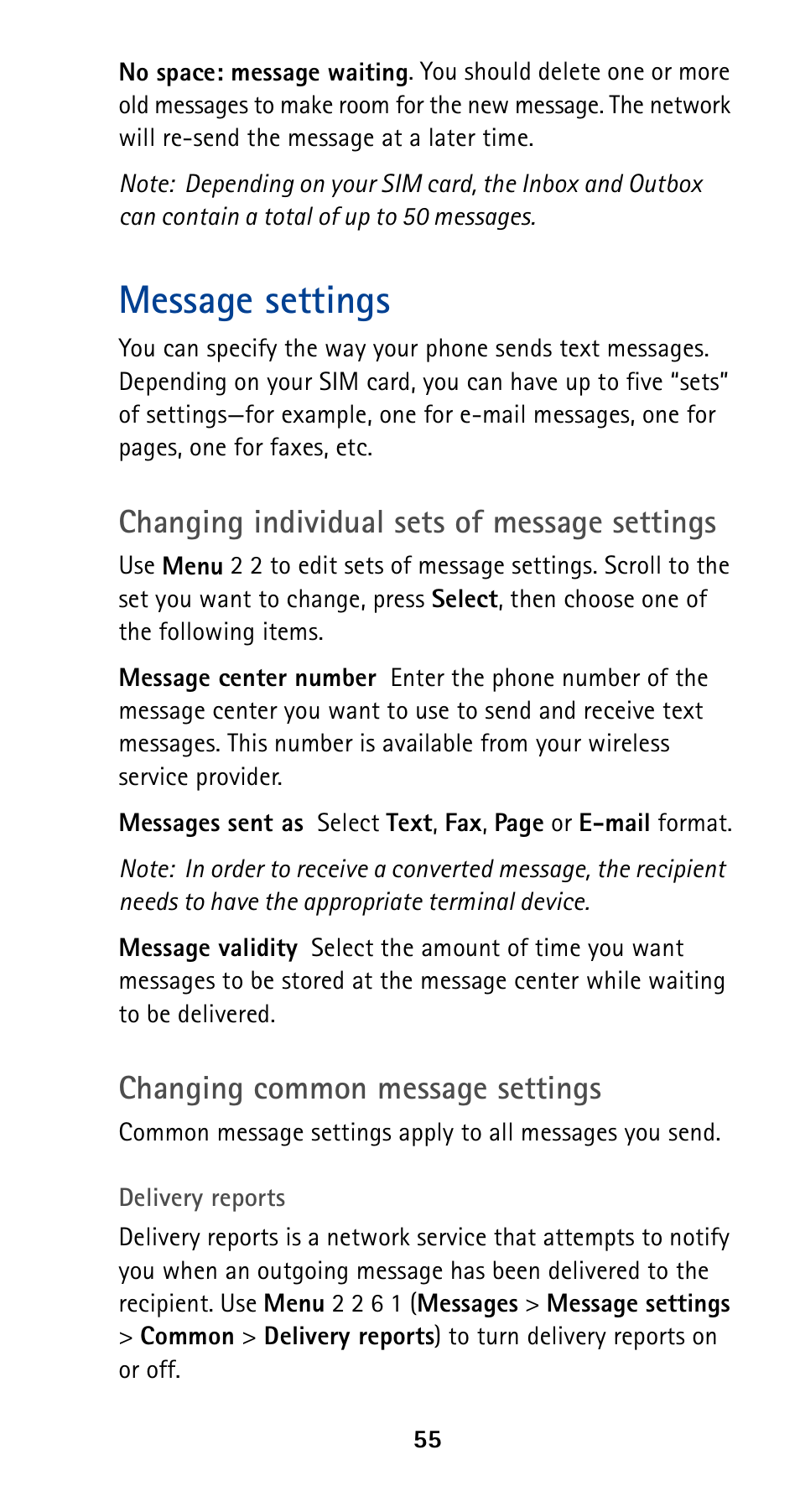 Message settings, Changing individual sets of message settings, Changing common message settings | Nokia 5190 User Manual | Page 62 / 105