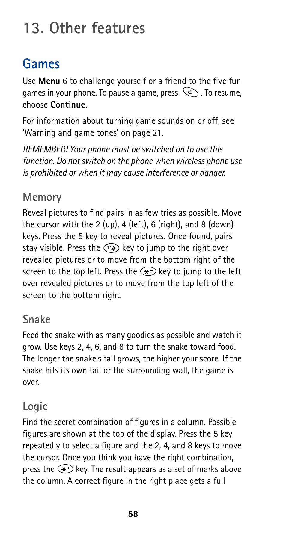 Other features, Games, Snake | Logic | Nokia 5190 User Manual | Page 65 / 105