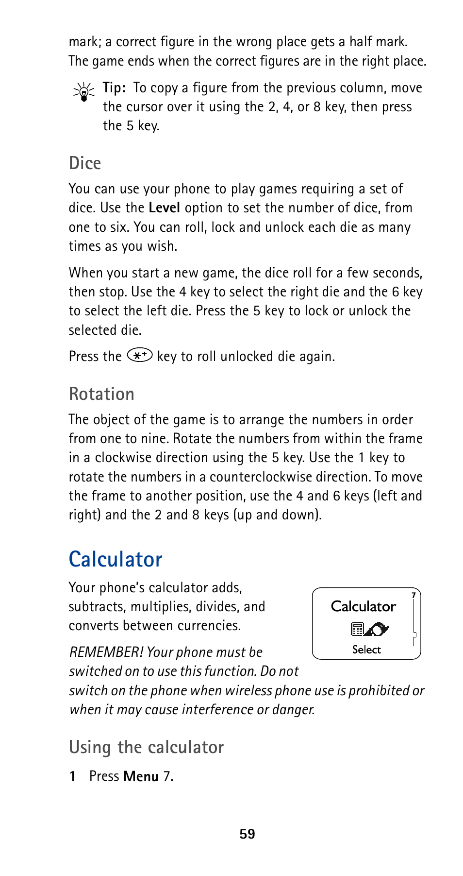 Calculator, Dice, Rotation | Using the calculator | Nokia 5190 User Manual | Page 66 / 105