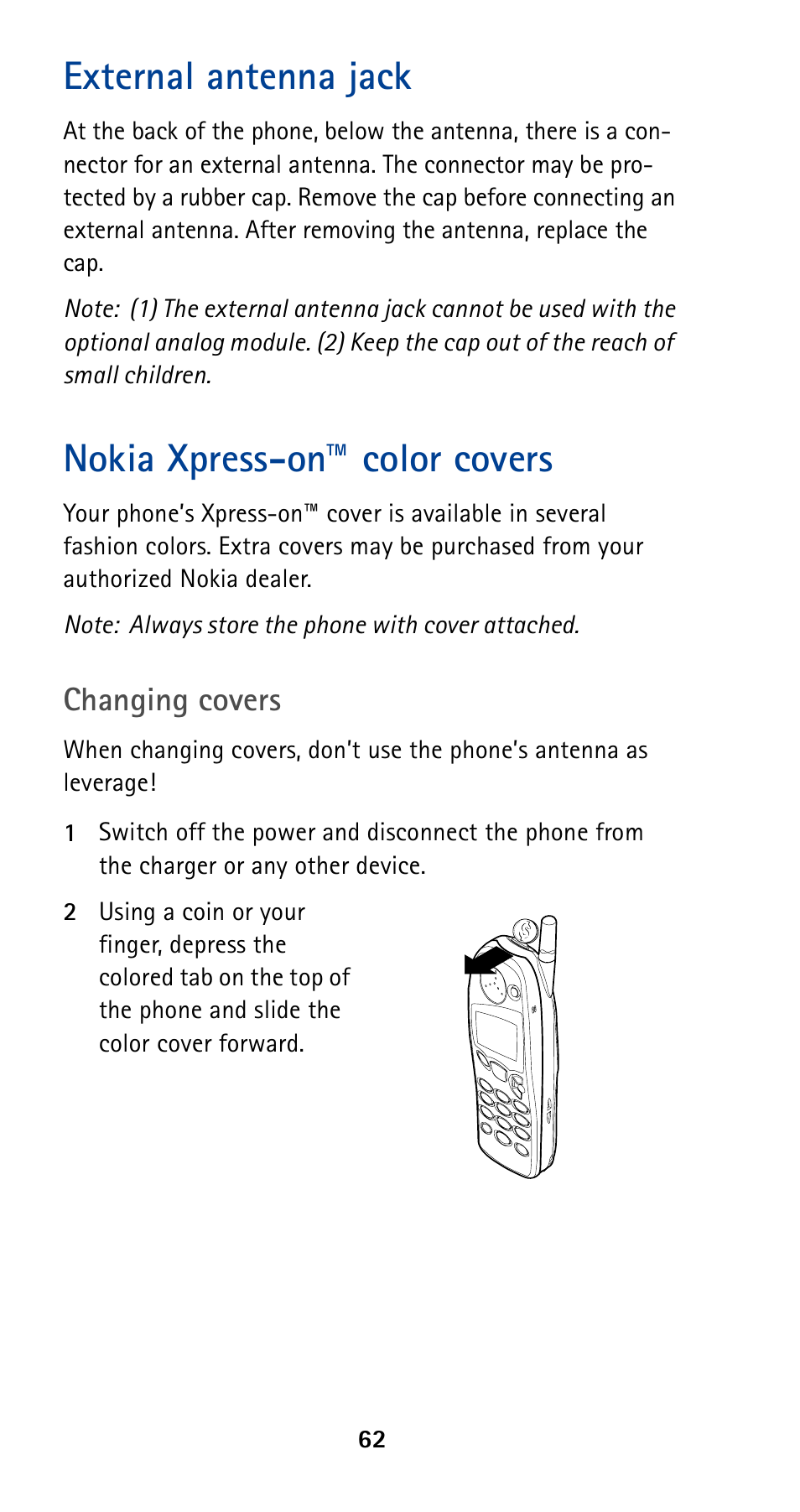 External antenna jack, Nokia xpress-on™ color covers, Changing covers | Nokia 5190 User Manual | Page 69 / 105