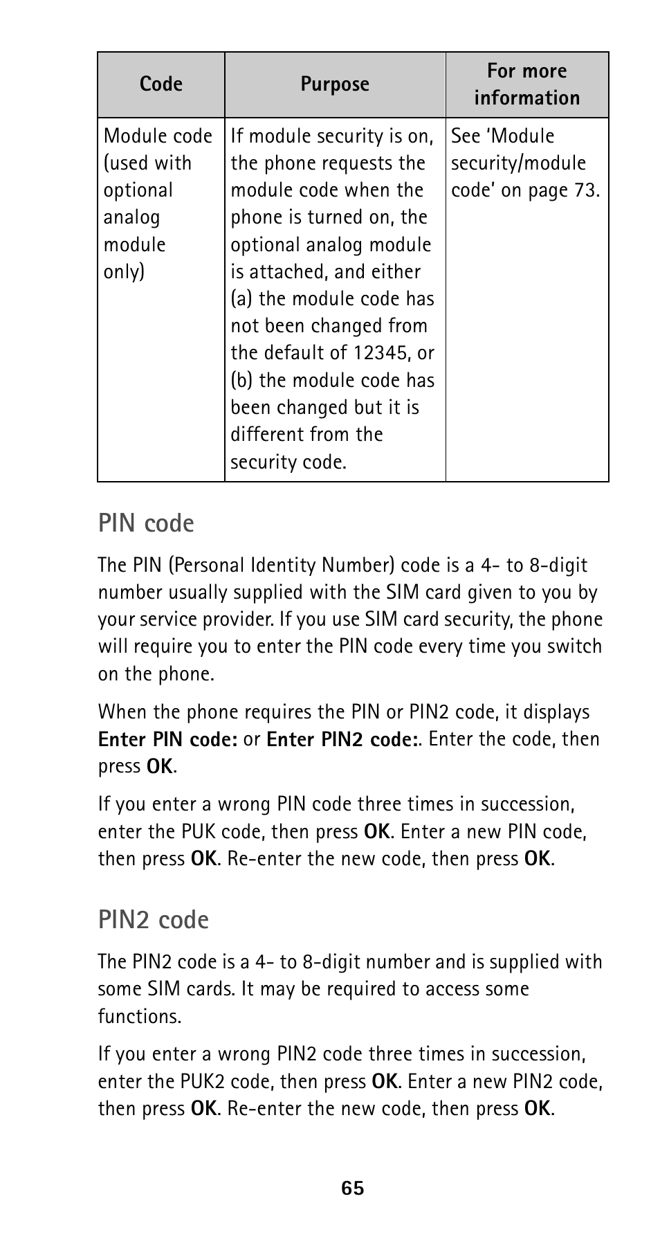 Pin code, Pin2 code | Nokia 5190 User Manual | Page 72 / 105