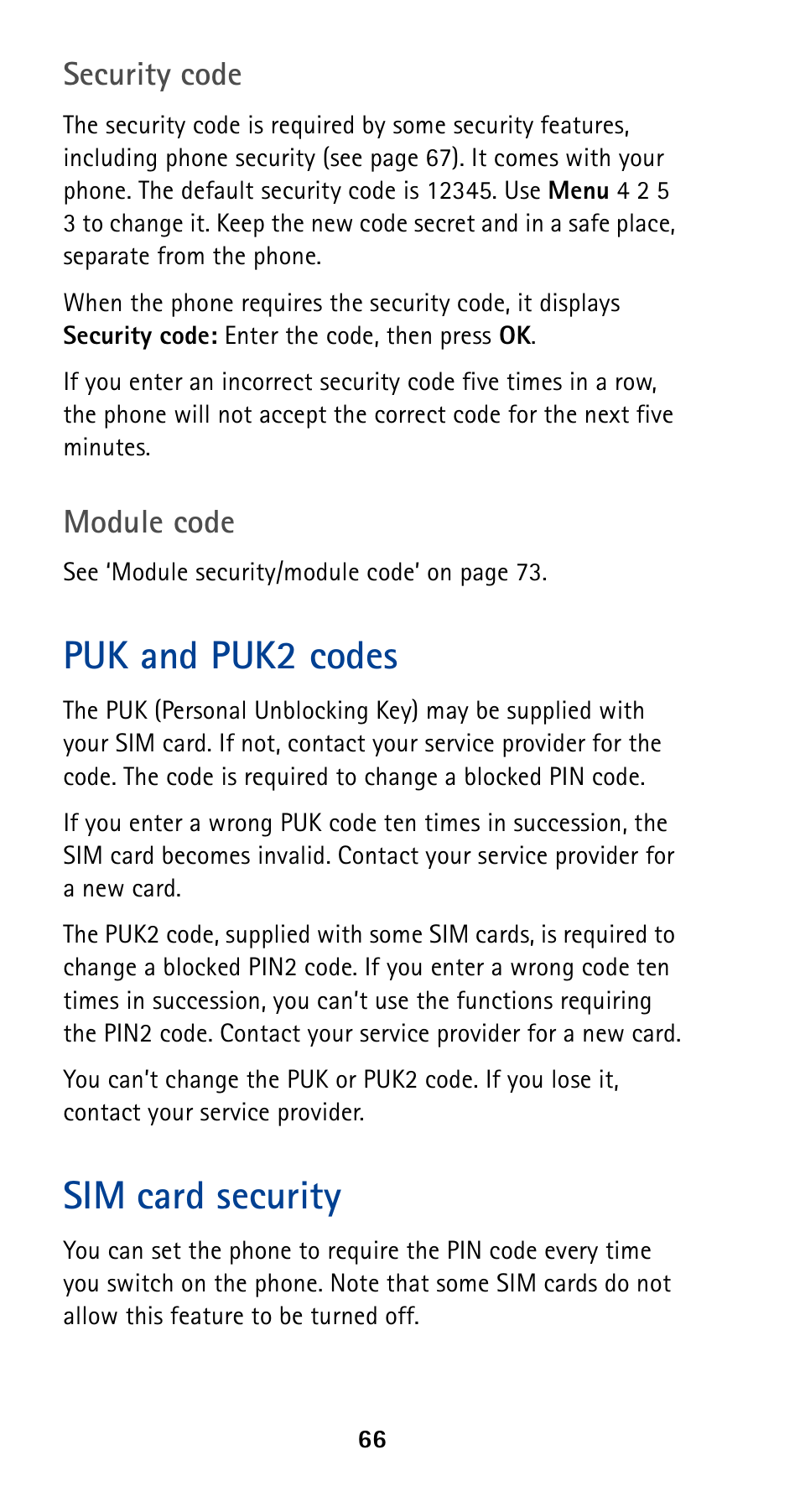 Security code, Puk and puk2 codes, Sim card security | Nokia 5190 User Manual | Page 73 / 105