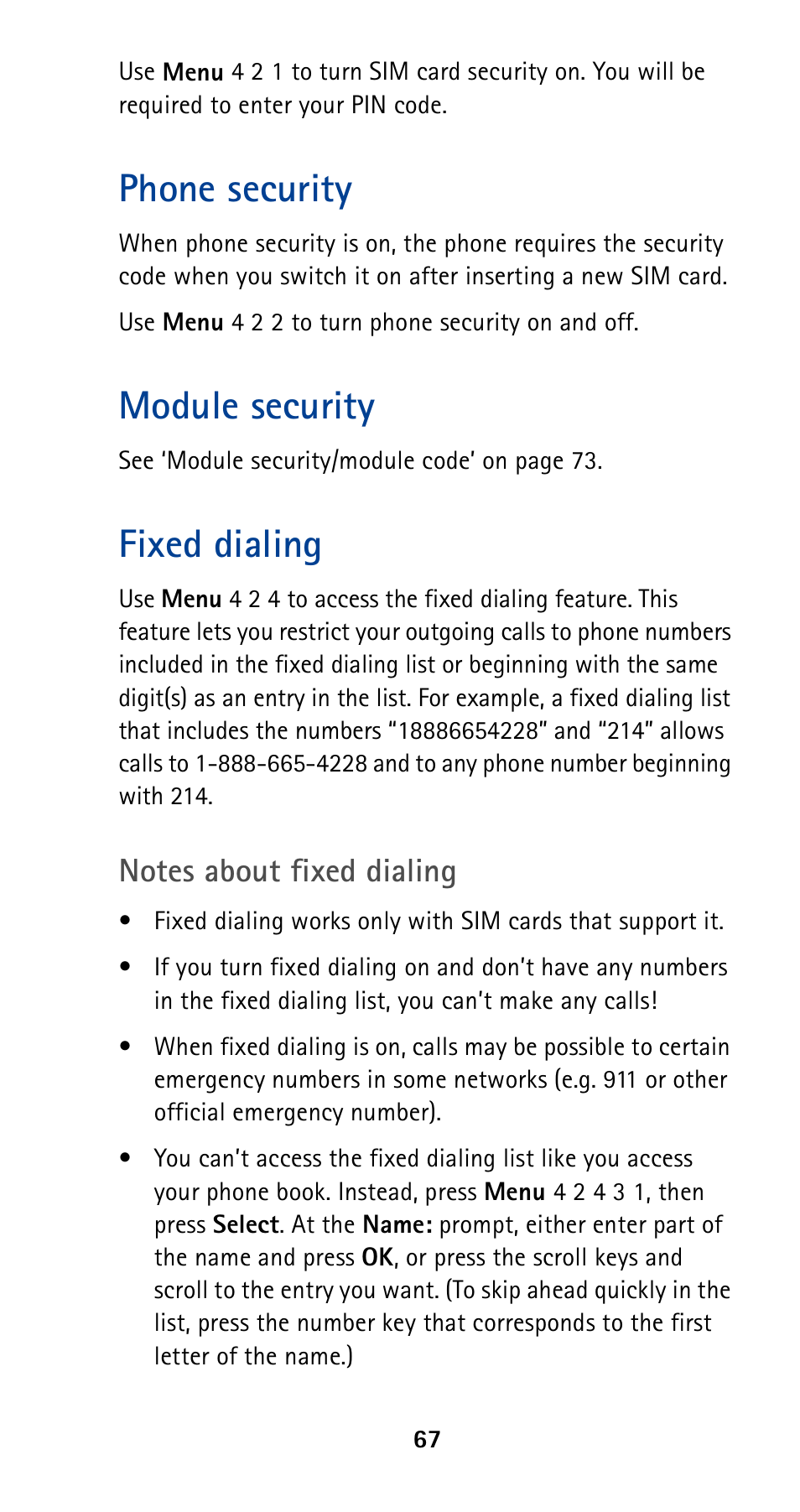 Phone security, Fixed dialing, Module security | Nokia 5190 User Manual | Page 74 / 105
