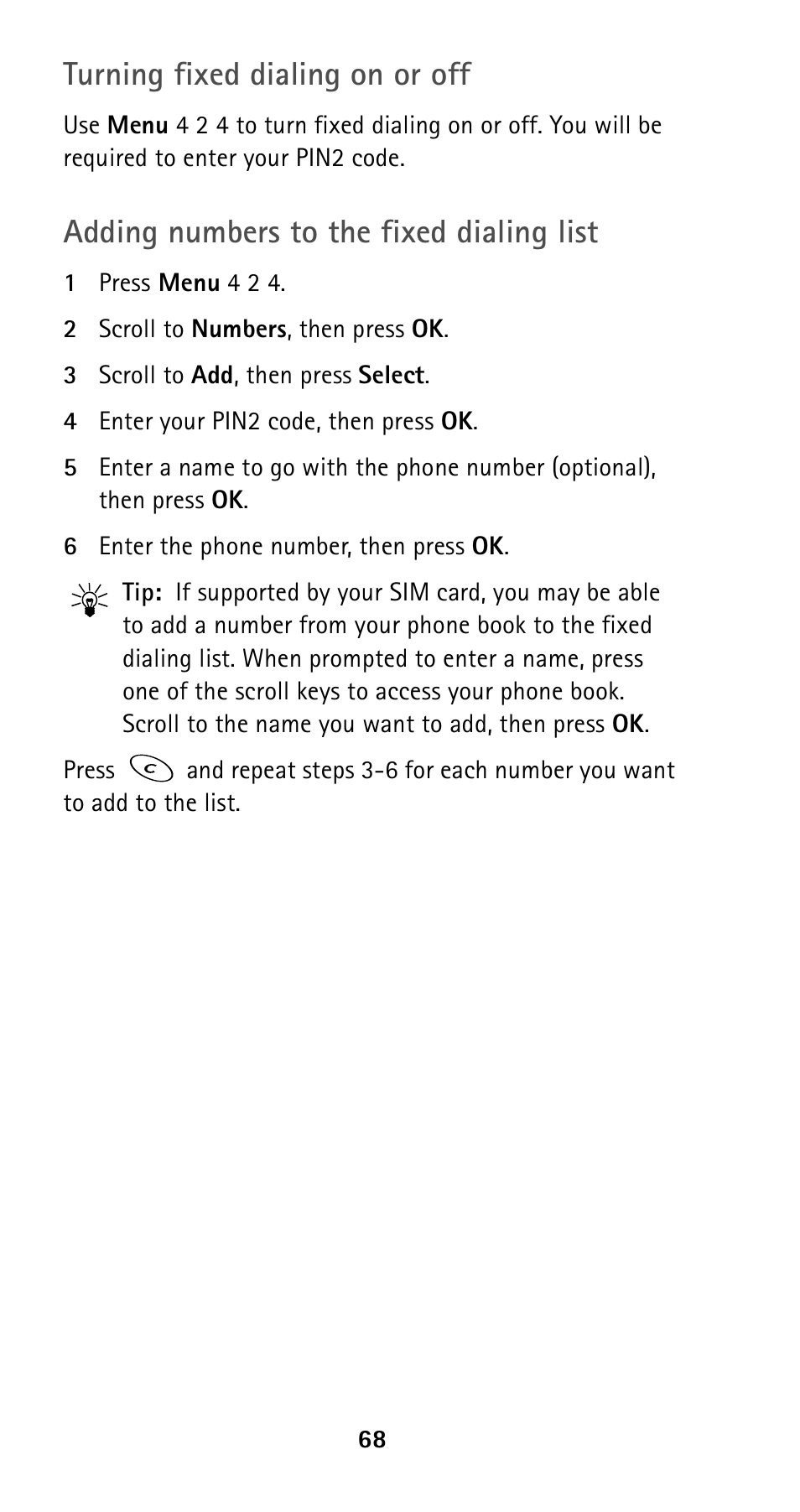 Turning fixed dialing on or off, Adding numbers to the fixed dialing list | Nokia 5190 User Manual | Page 75 / 105