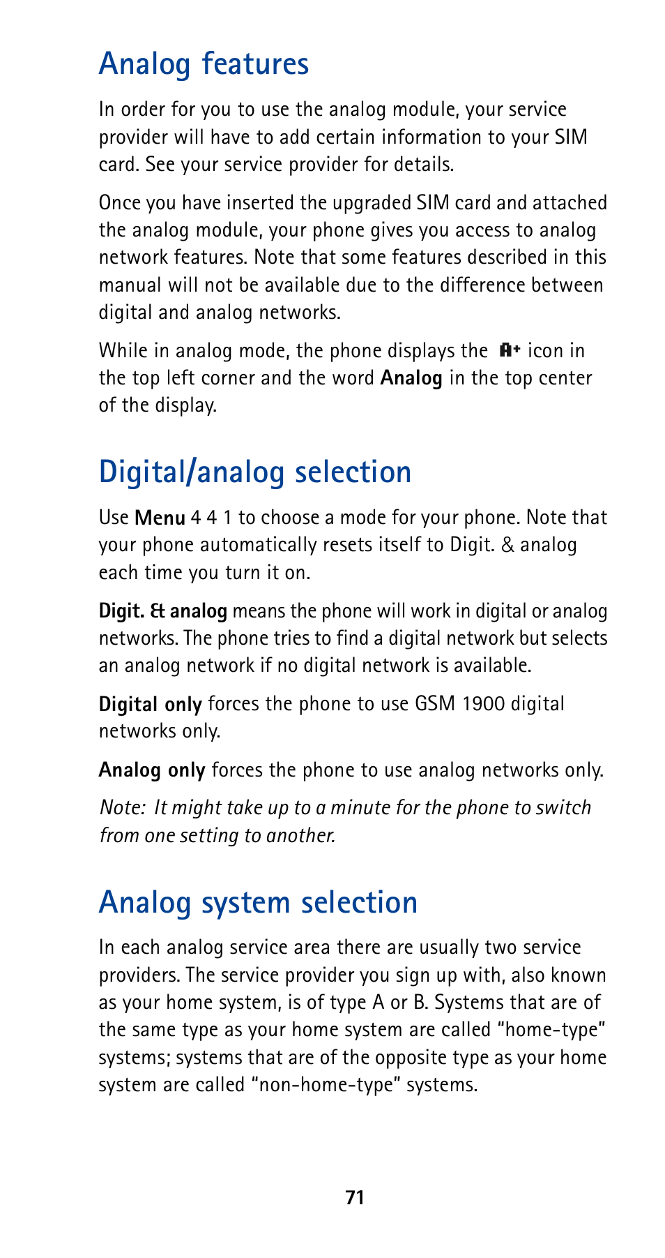 Analog features, Digital/analog selection, Analog system selection | Nokia 5190 User Manual | Page 78 / 105