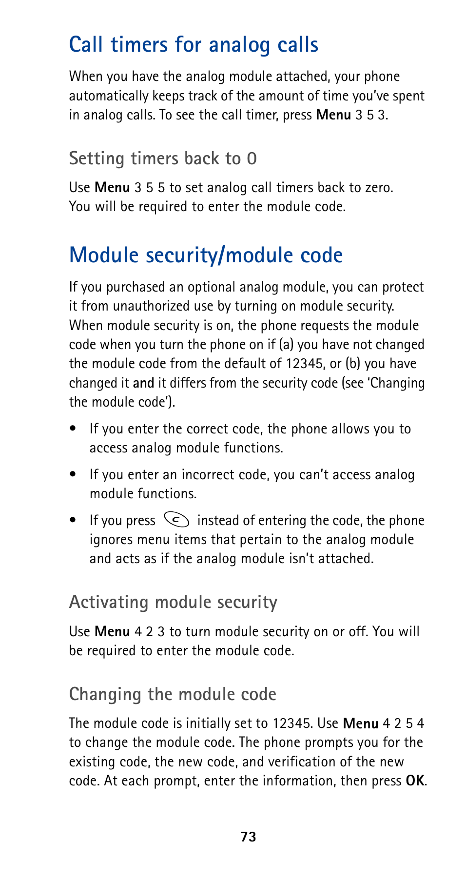 Call timers for analog calls, Module security/module code, Setting timers back to 0 | Activating module security, Changing the module code | Nokia 5190 User Manual | Page 80 / 105