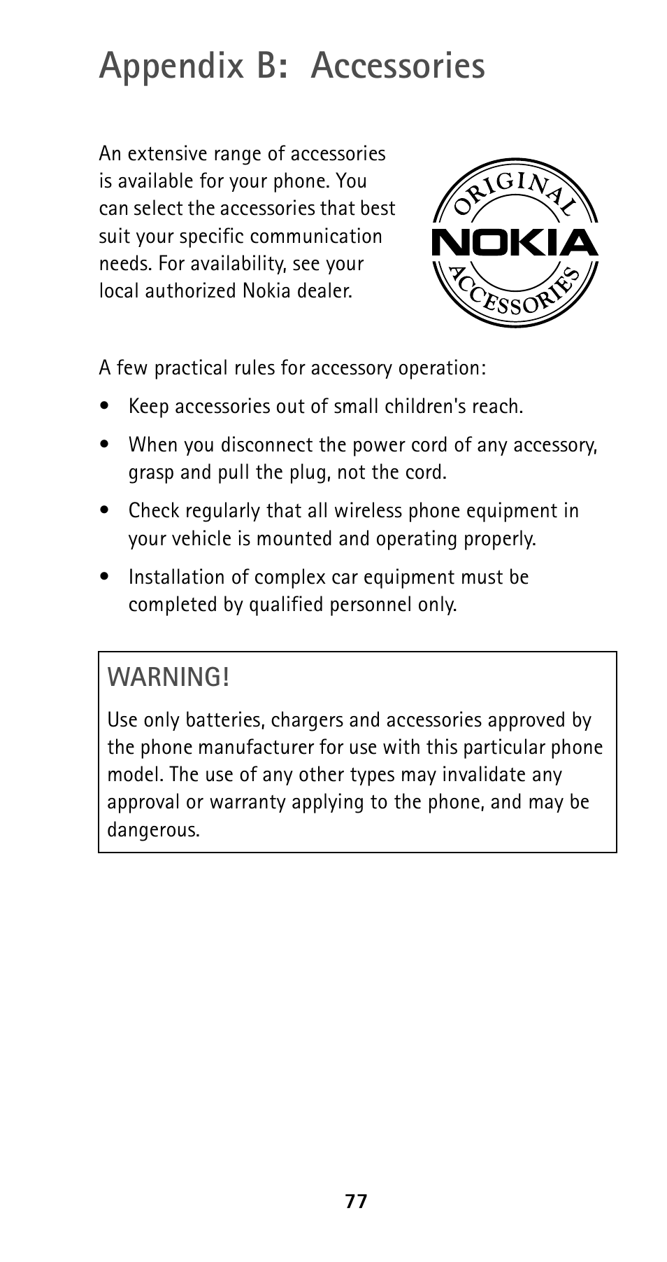 Appendix b:accessories, Appendix b: accessories, Warning | Nokia 5190 User Manual | Page 84 / 105