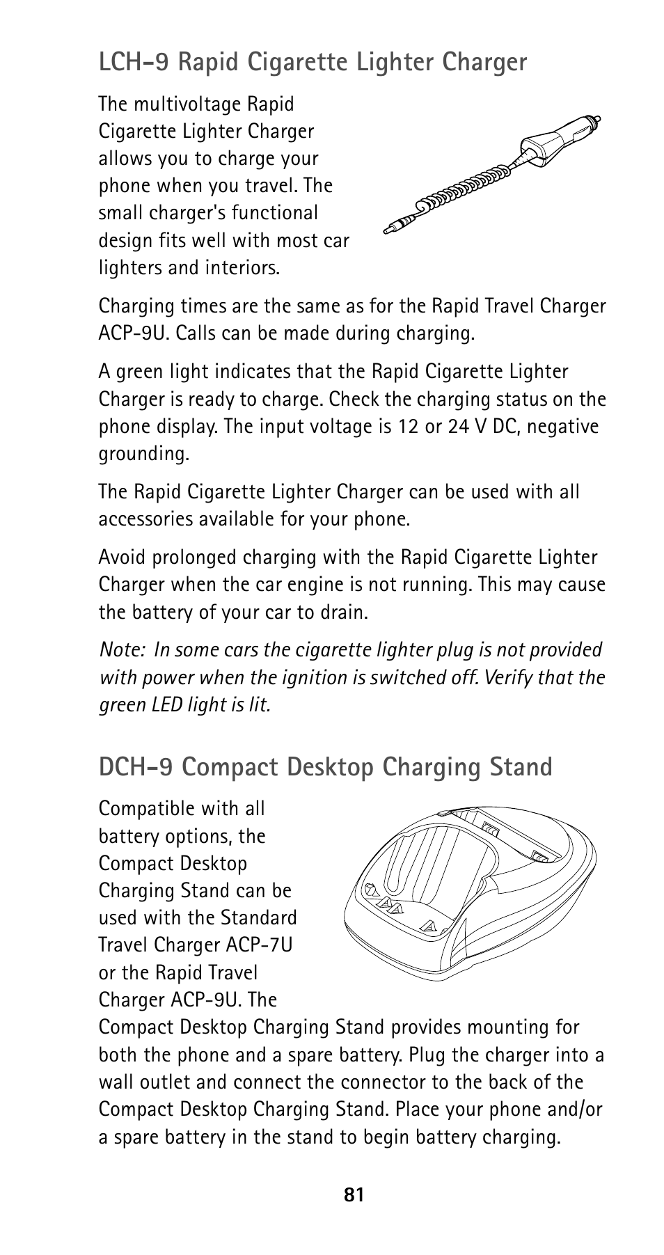 Lch-9 rapid cigarette lighter charger, Dch-9 compact desktop charging stand | Nokia 5190 User Manual | Page 88 / 105