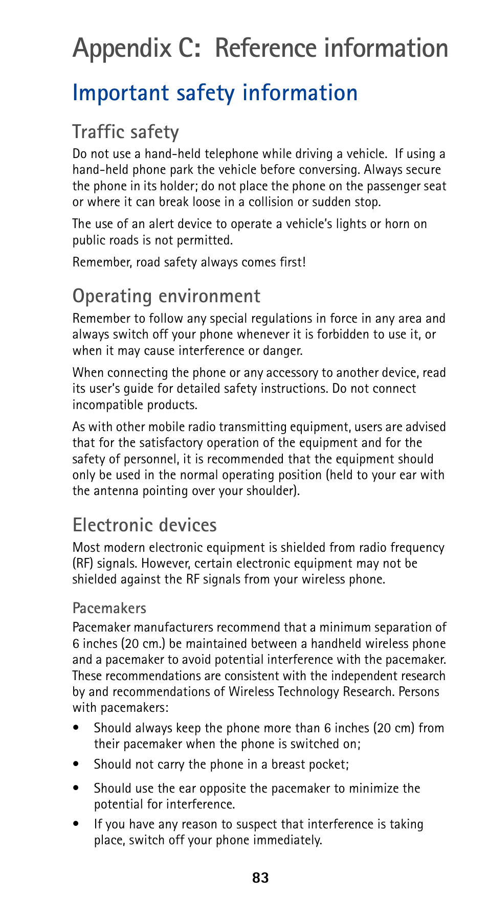 Appendix c:reference information, Important safety information, Appendix c: reference information | Traffic safety, Operating environment, Electronic devices | Nokia 5190 User Manual | Page 90 / 105