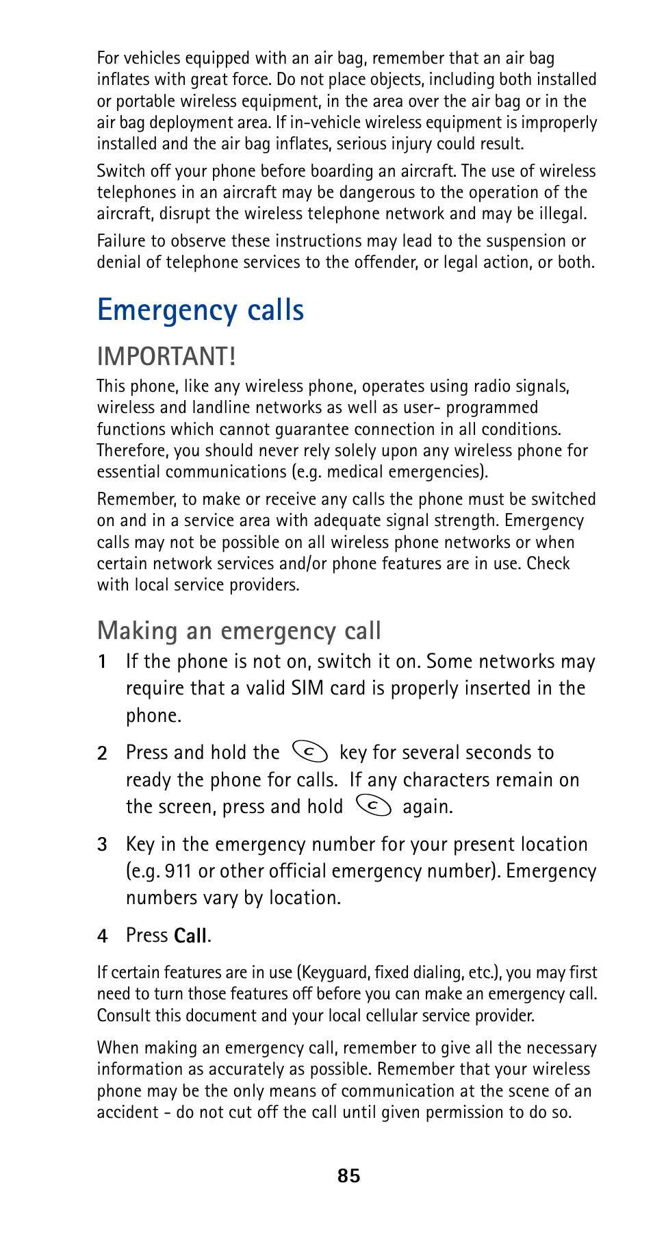 Emergency calls, Important, Making an emergency call | Nokia 5190 User Manual | Page 92 / 105