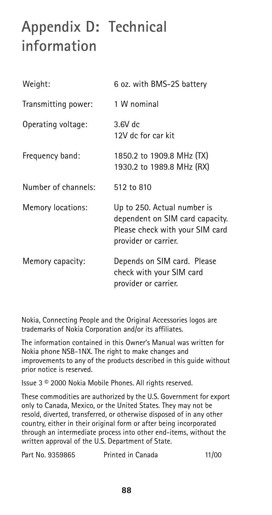 Appendix d:technical information, Appendix d: technical information | Nokia 5190 User Manual | Page 95 / 105