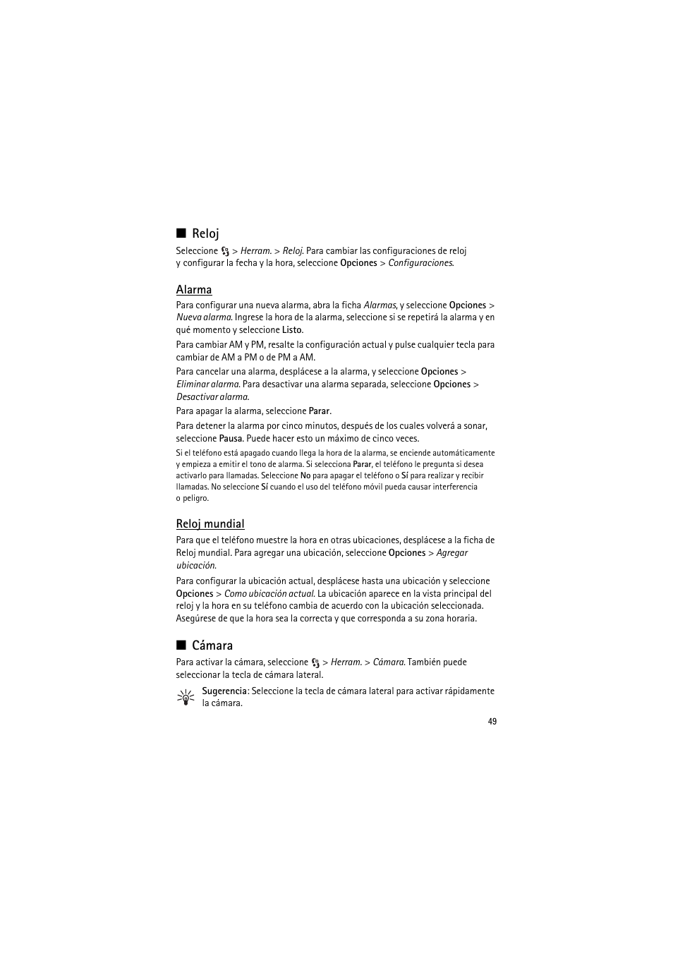 Reloj, Alarma, Reloj mundial | Cámara, Reloj cámara | Nokia 6790 User Manual | Page 111 / 137