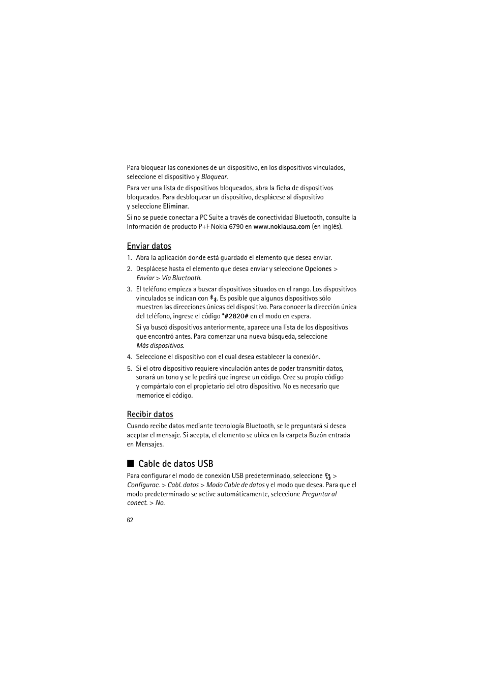 Enviar datos, Recibir datos, Cable de datos usb | Nokia 6790 User Manual | Page 124 / 137